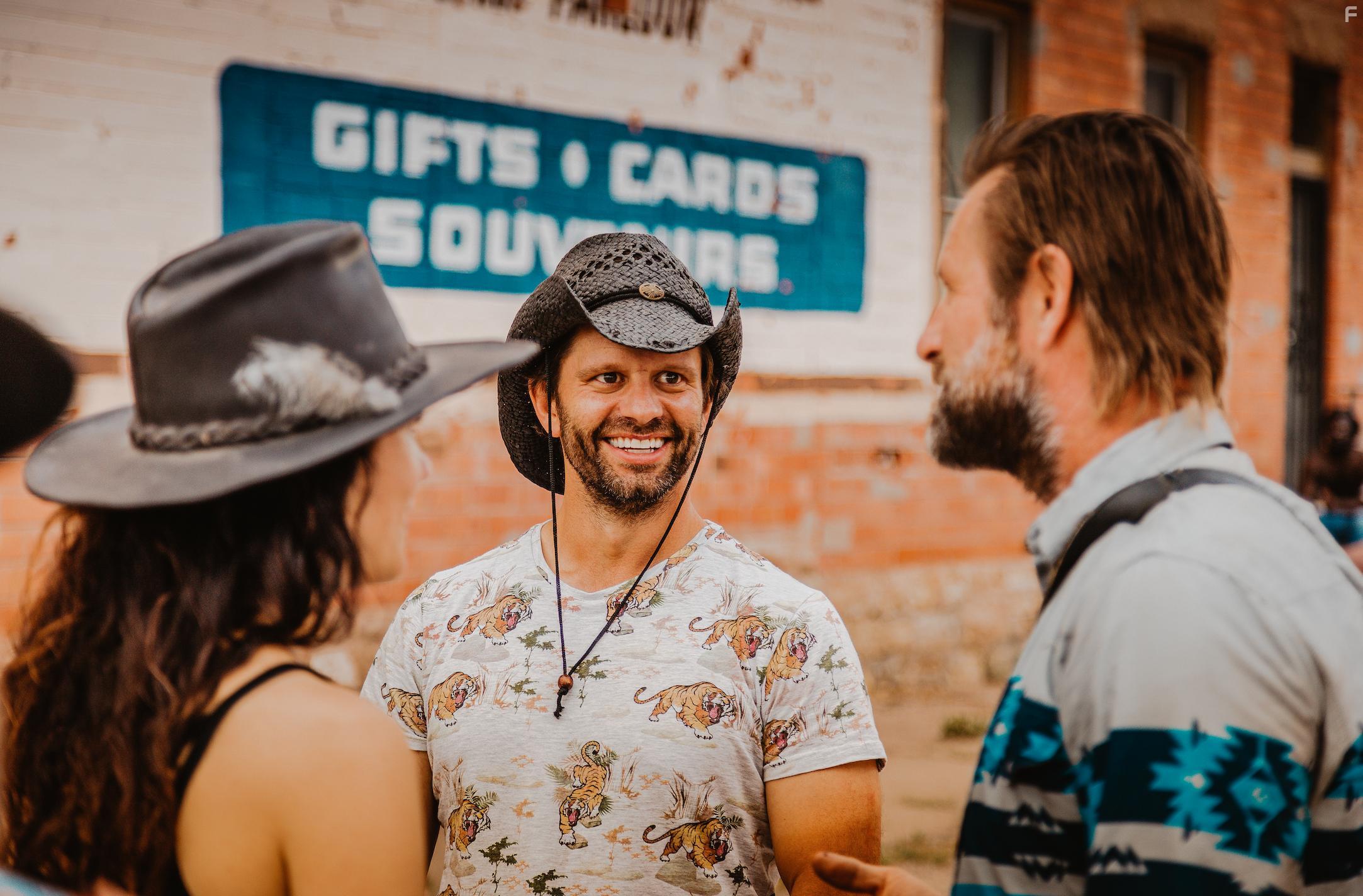 On the set of Wander. 2020 with Aaron Eckhart