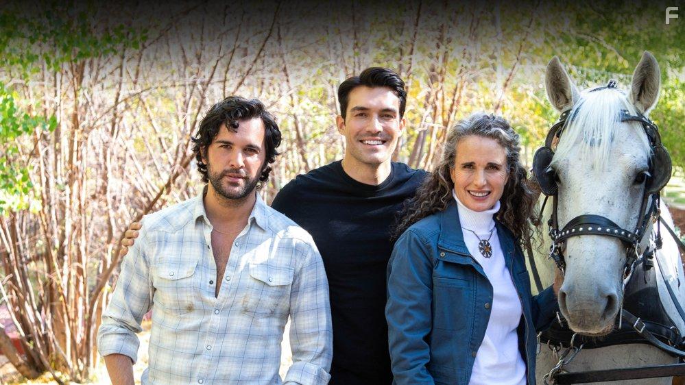Andie MacDowell, Juan Pablo Di Pace, and Peter Porte in Dashing in December (2020)