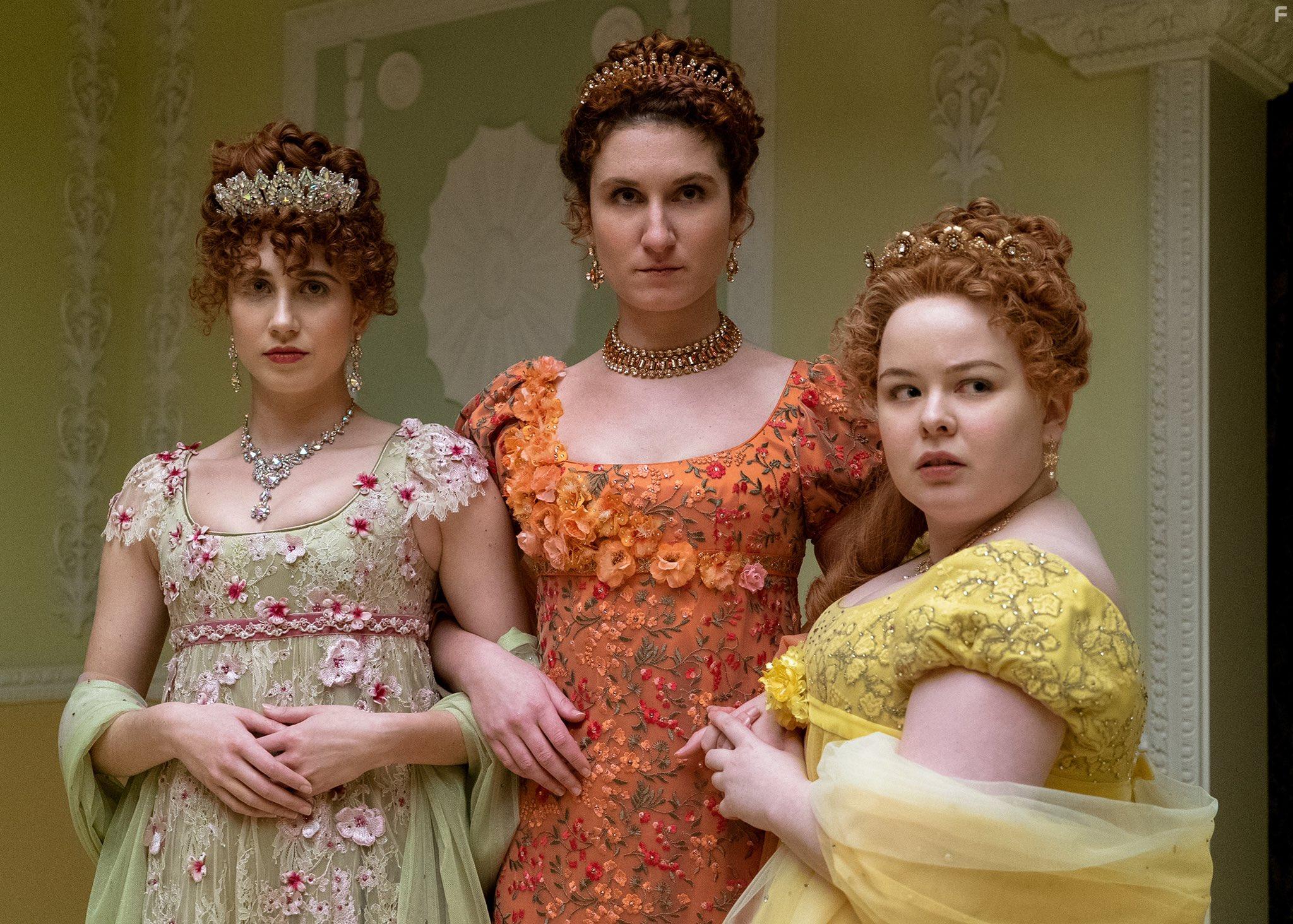 Nicola Coughlan, Bessie Carter, and Harriet Cains in Bridgerton (2020)