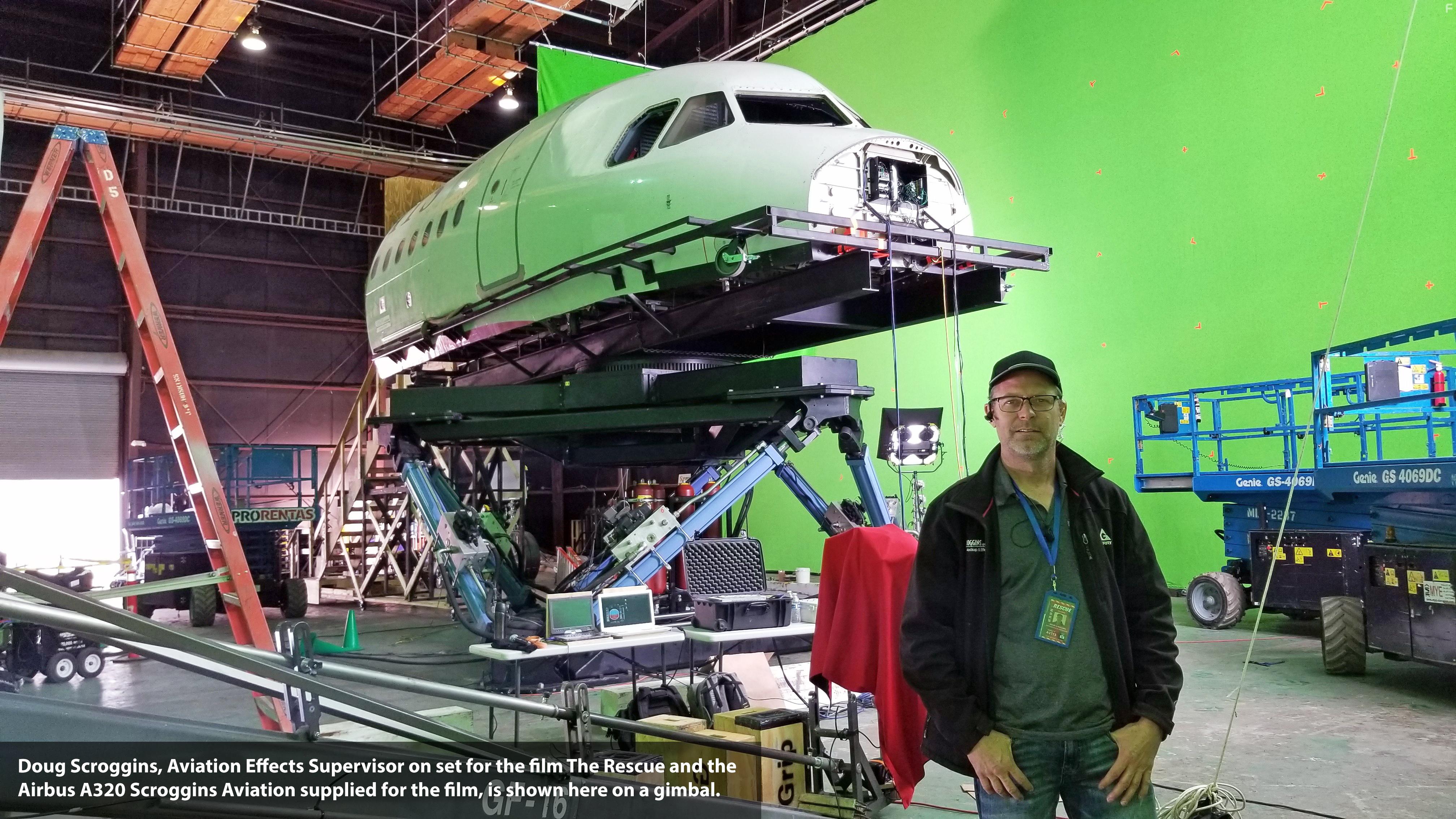Doug Scroggins, Aviation Effects Supervisor on set for the film The Rescue and the Airbus A320 Scroggins Aviation supplied for the film, is shown here on a gimbal.