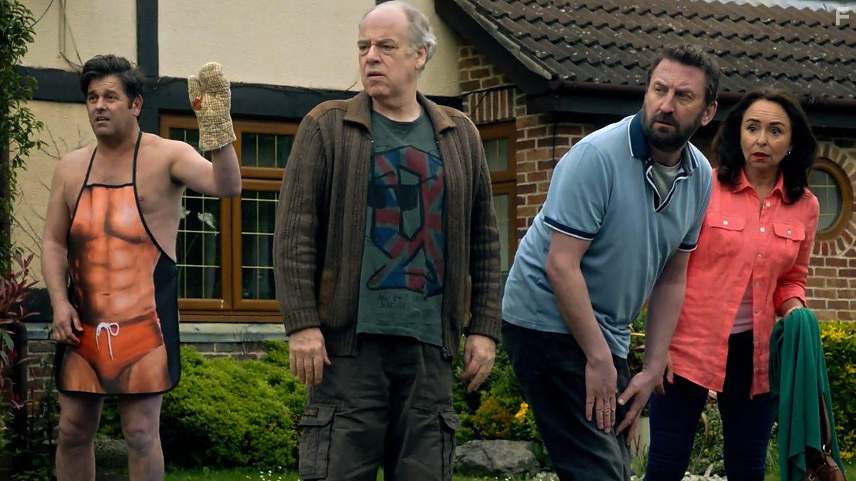 Patrick Baladi, Geoffrey McGivern, Samantha Spiro, and Lee Mack in Semi-Detached (2019)