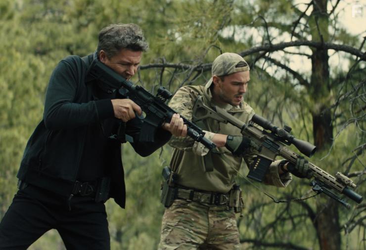 Aidan Gillen and Nicholas Hoult in Those Who Wish Me Dead (2021)