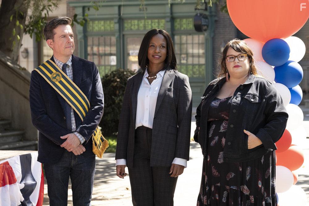 Ed Helms, Dana L. Wilson, and Jana Schmieding in Rutherford Falls (2021)