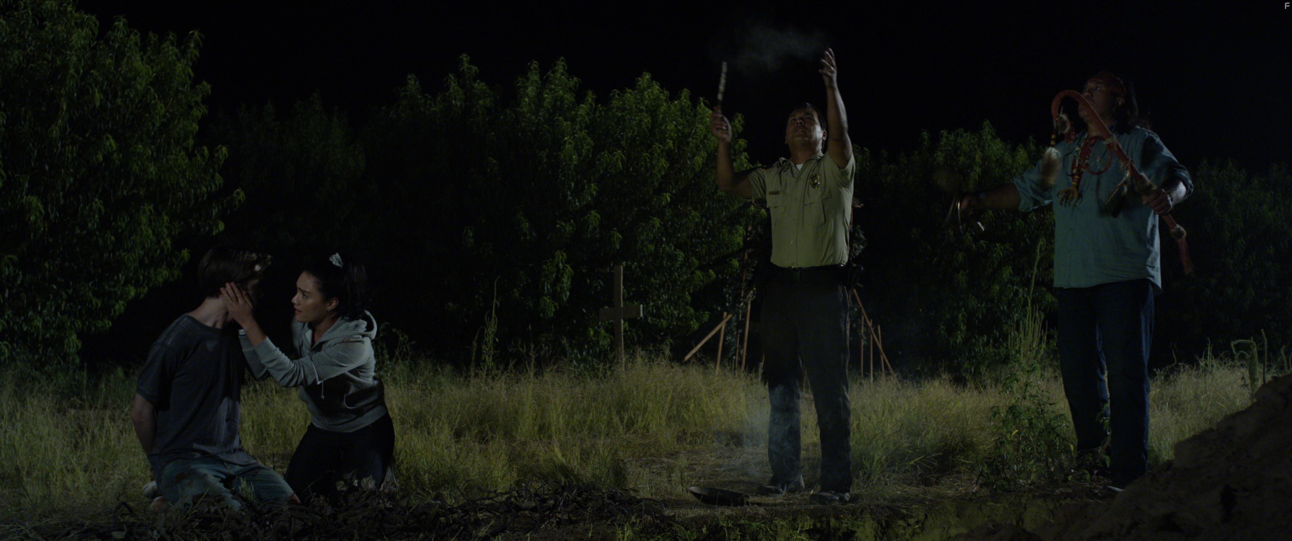 Adam Beach, Branscombe Richmond, Kayla Carlson, and Elijah Nelson in The Unhealer (2020)