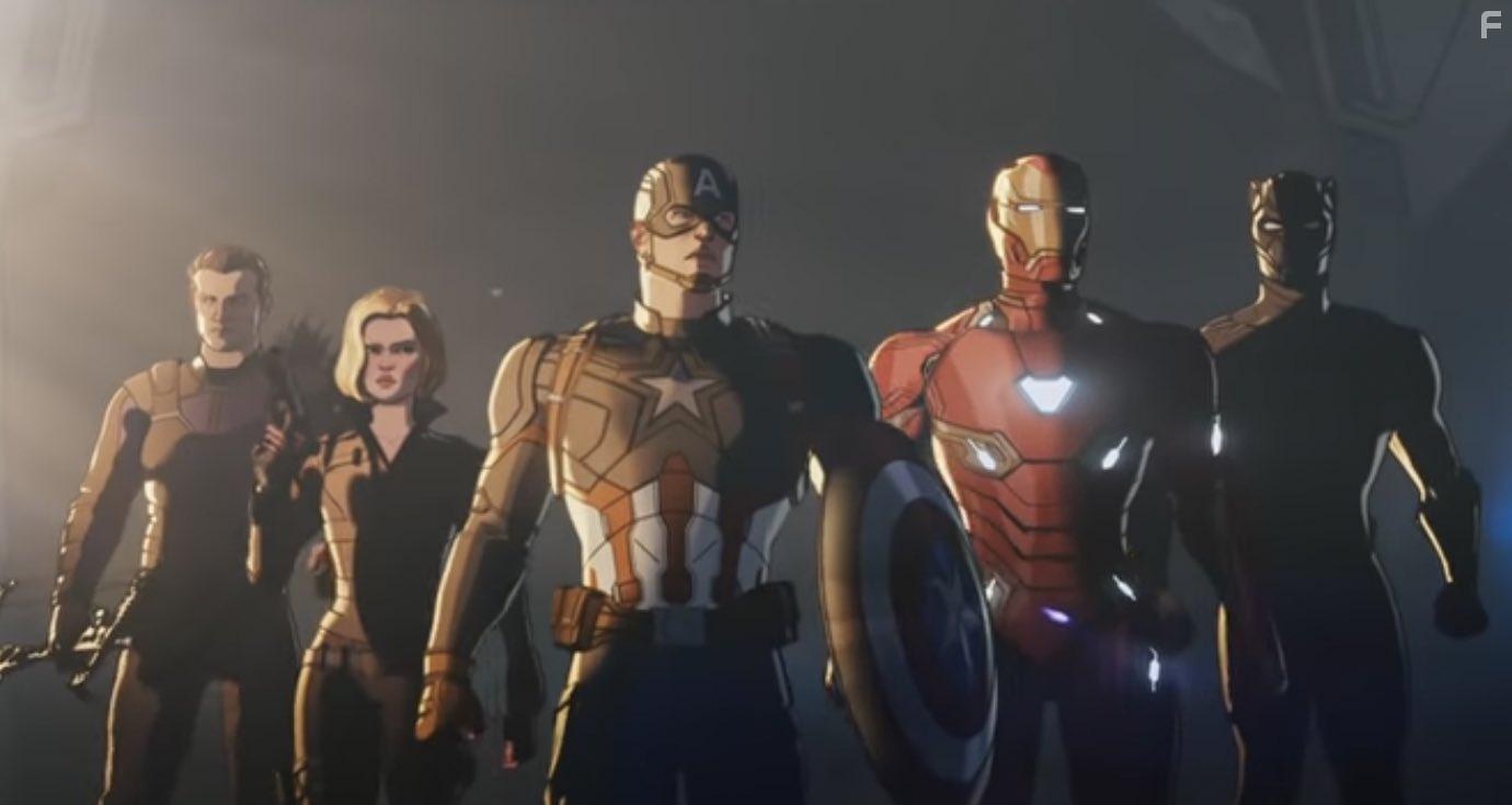 Josh Keaton, Jeremy Renner, Chadwick Boseman, and Mick Wingert in What If...? (2021)