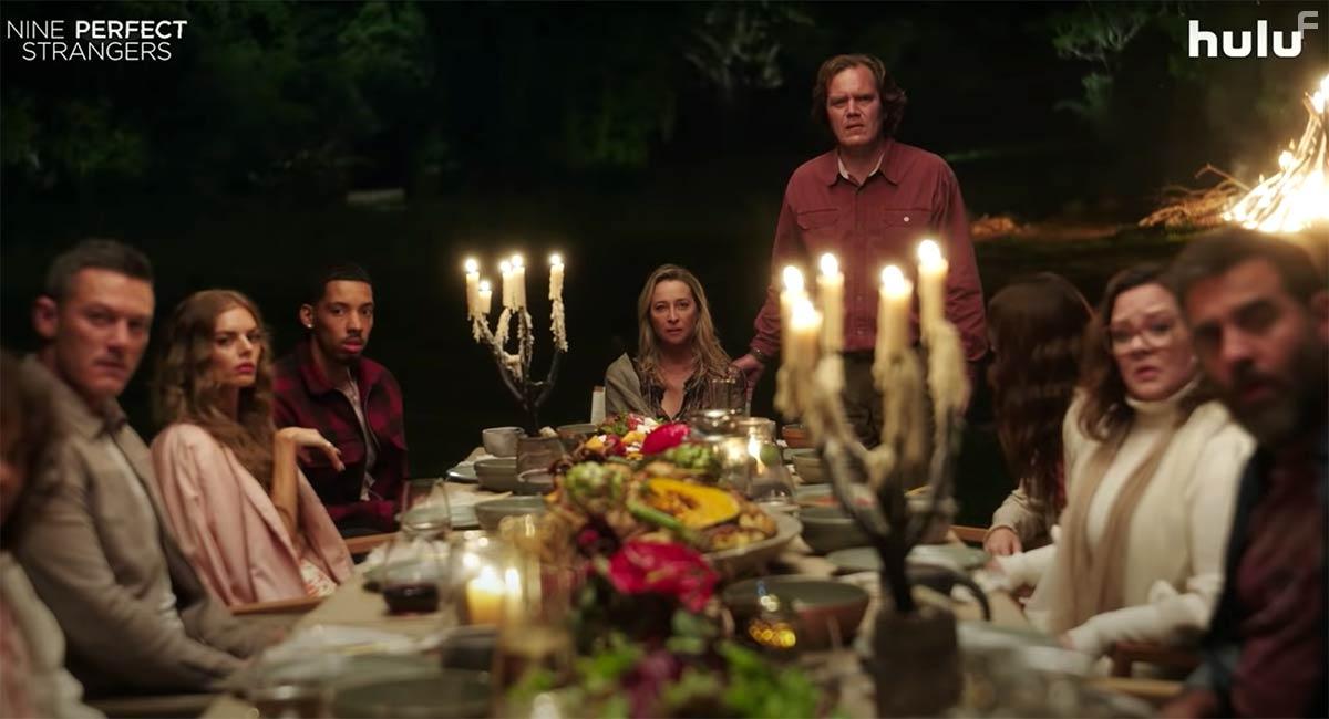 Melissa McCarthy, Luke Evans, and Samara Weaving in Nine Perfect Strangers (2021)