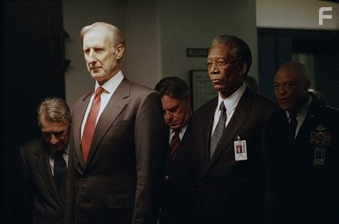 (Foreground, left to right) James Cromwell as President Fowler and Morgan Freeman as DCI William Cabot, (background, left to right) Philip Baker Hall as Defense Secretary Becker, Bruce McGill as National Security Advisor Revell and John Beasley as General Lasseter in   "The Sum Of All Fears."