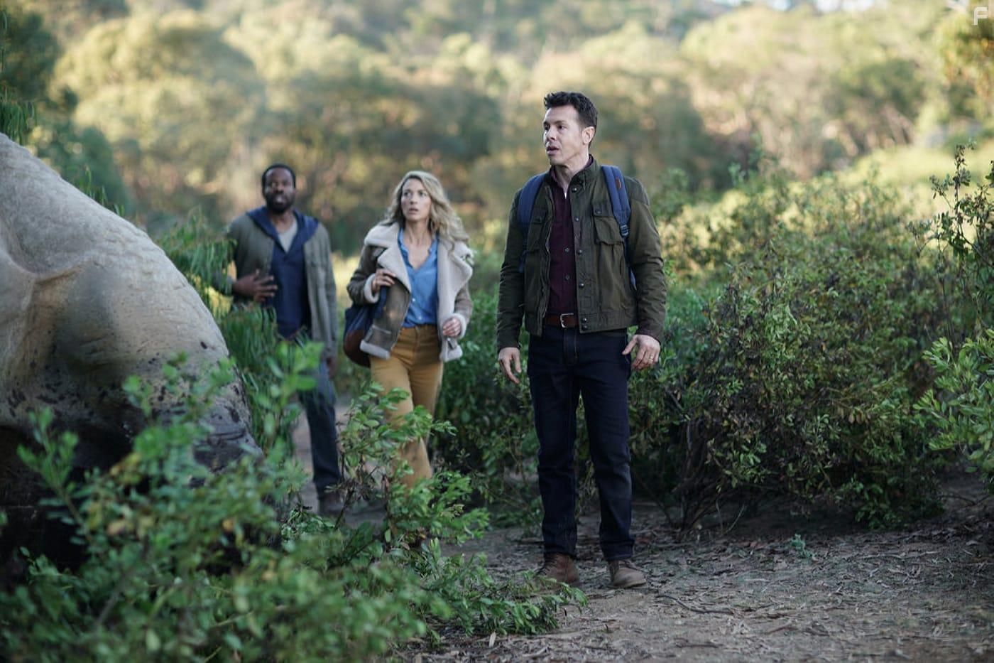 Jon Seda, Natalie Zea, and Chik Okonkwo in La Brea (2021)