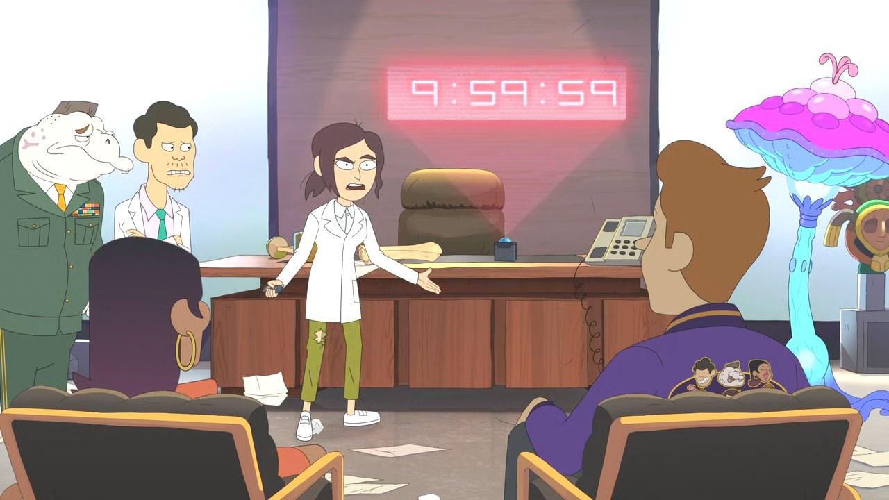 Tisha Campbell, Lizzy Caplan, John DiMaggio, Clark Duke, Bobby Lee, and Brett Gelman in Inside Job (2021)