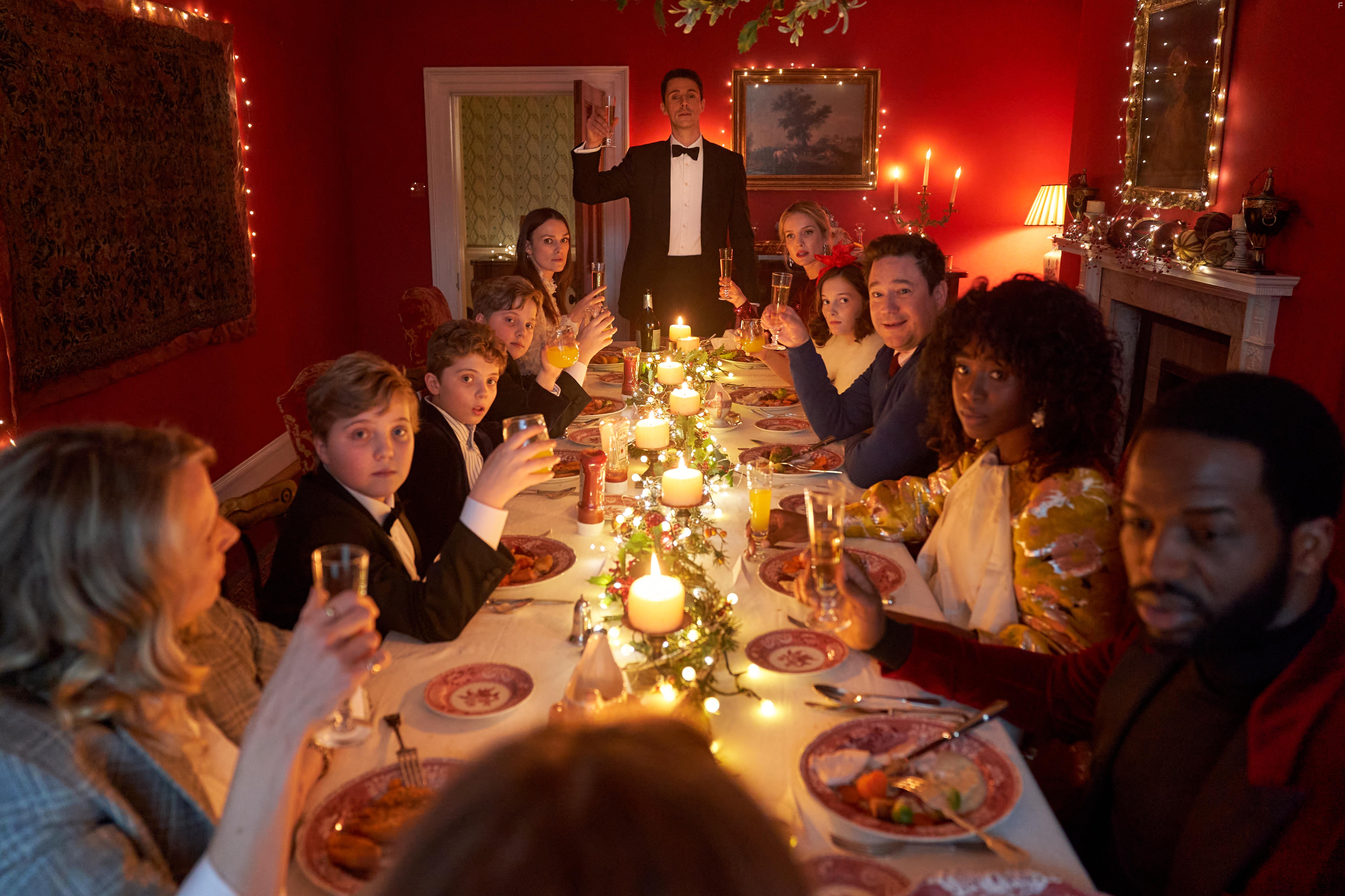 Matthew Goode, Keira Knightley, Lucy Punch, Gilby Griffin Davis, Hardy Griffin Davis, Rufus Jones, Annabelle Wallis, Kirby Howell-Baptiste, Sope Dirisu, Davida McKenzie, and Roman Griffin Davis in Silent Night (2021)
