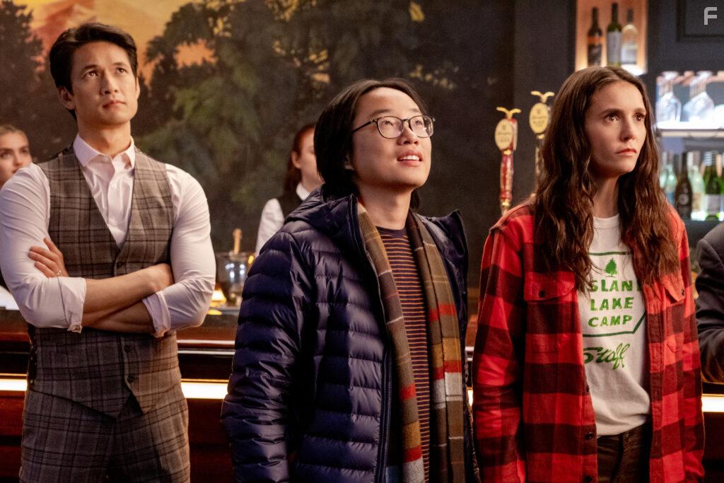 Harry Shum Jr., Nina Dobrev, and Jimmy O. Yang in Love Hard (2021)