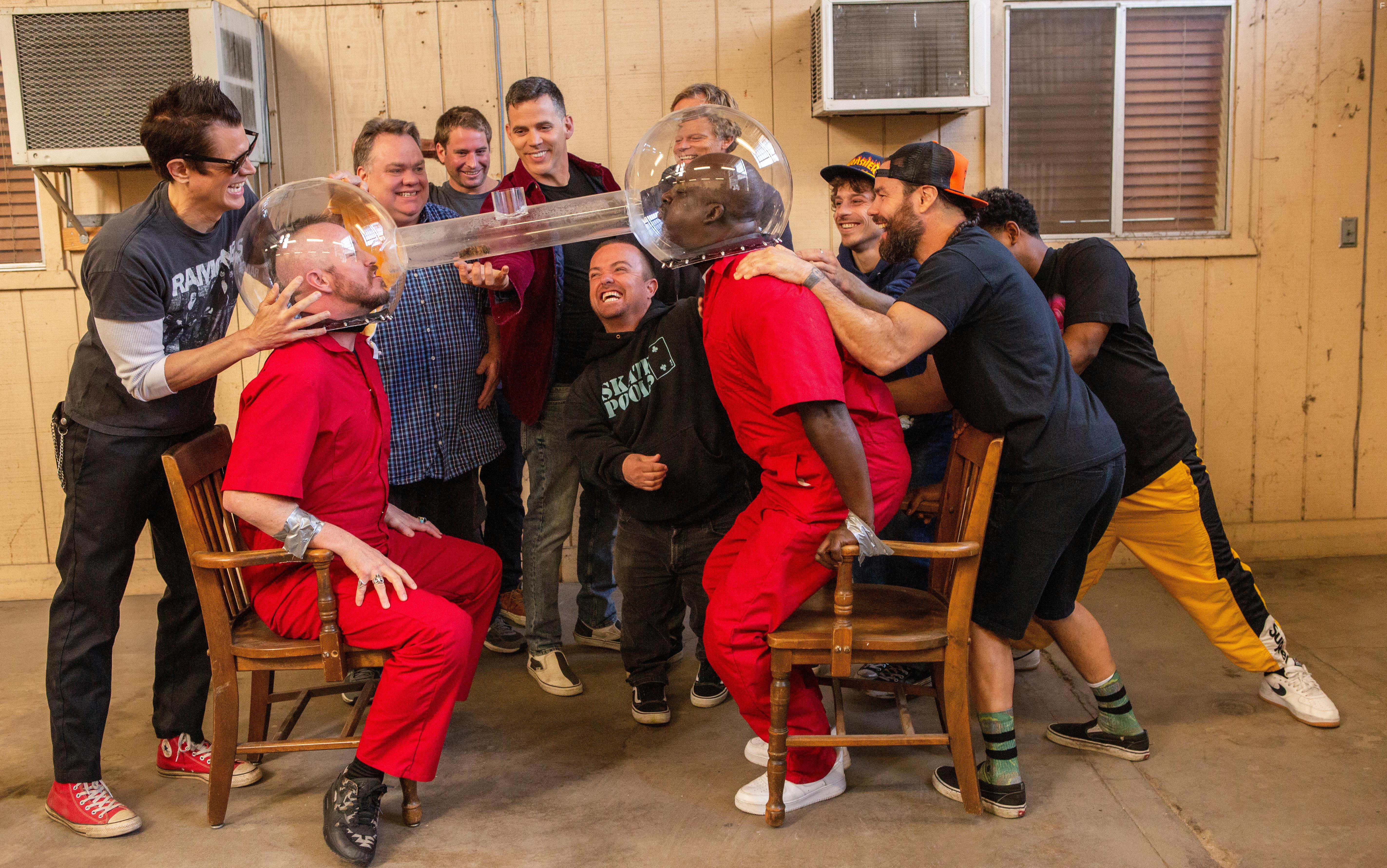 Jason 'Wee Man' Acua, Dave England, Johnny Knoxville, Ehren McGhehey, Chris Pontius, Steve-O, Preston Lacy, and Davon Wilson in Jackass Forever (2022)