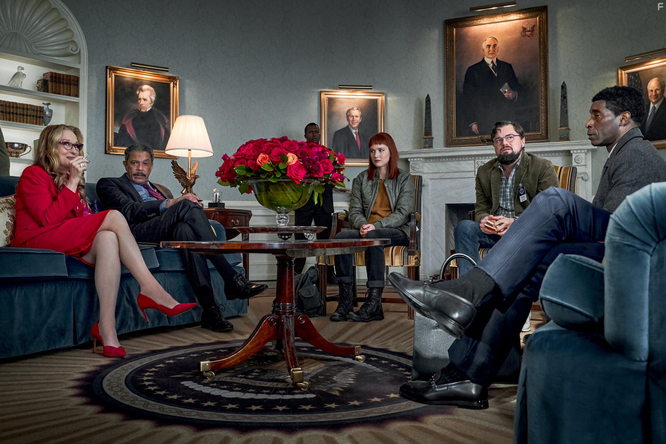 Leonardo DiCaprio, Meryl Streep, Rob Morgan, and Jennifer Lawrence in Don't Look Up (2021)