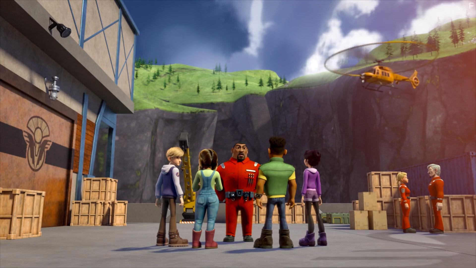 Aimee Garcia, Jeremy Shada, Keston John, Marcus Scribner, and Ashley Liao in Draken: De negen rijken (2021)