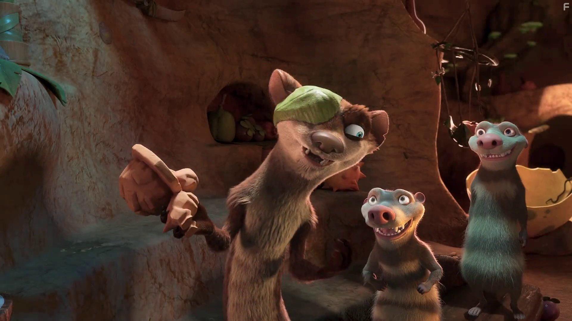 Simon Pegg, Aaron Harris, and Vincent Tong in The Ice Age Adventures of Buck Wild (2022)