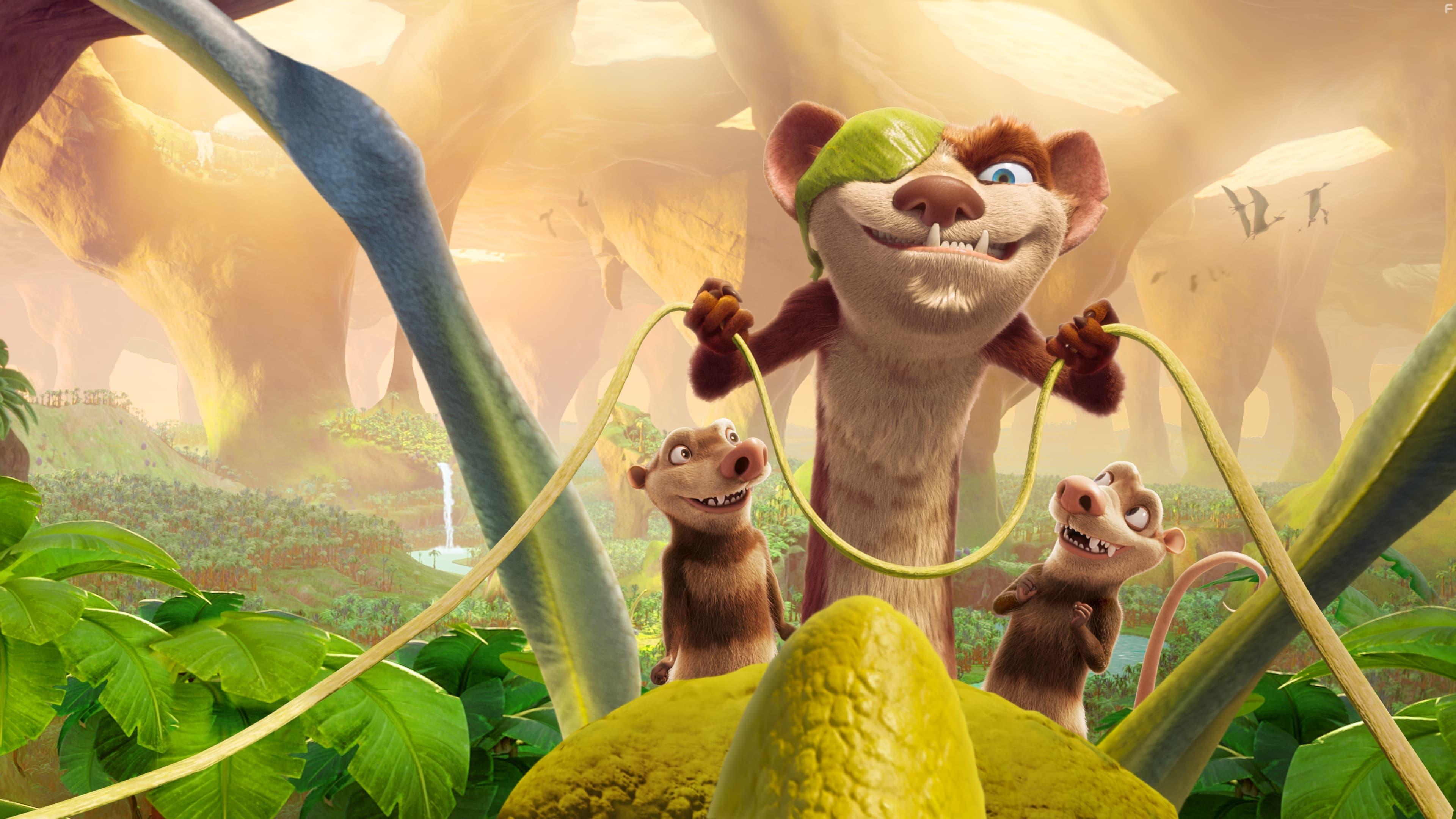Simon Pegg, Aaron Harris, and Vincent Tong in The Ice Age Adventures of Buck Wild (2022)