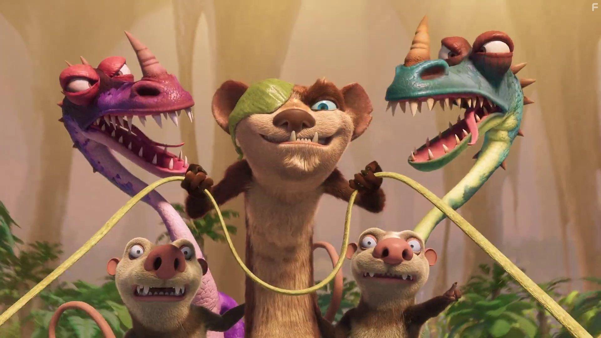 Simon Pegg, Aaron Harris, and Vincent Tong in The Ice Age Adventures of Buck Wild (2022)