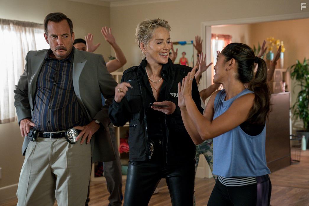 Sharon Stone, Will Arnett, and Samantha Cutaran in Murderville (2022)