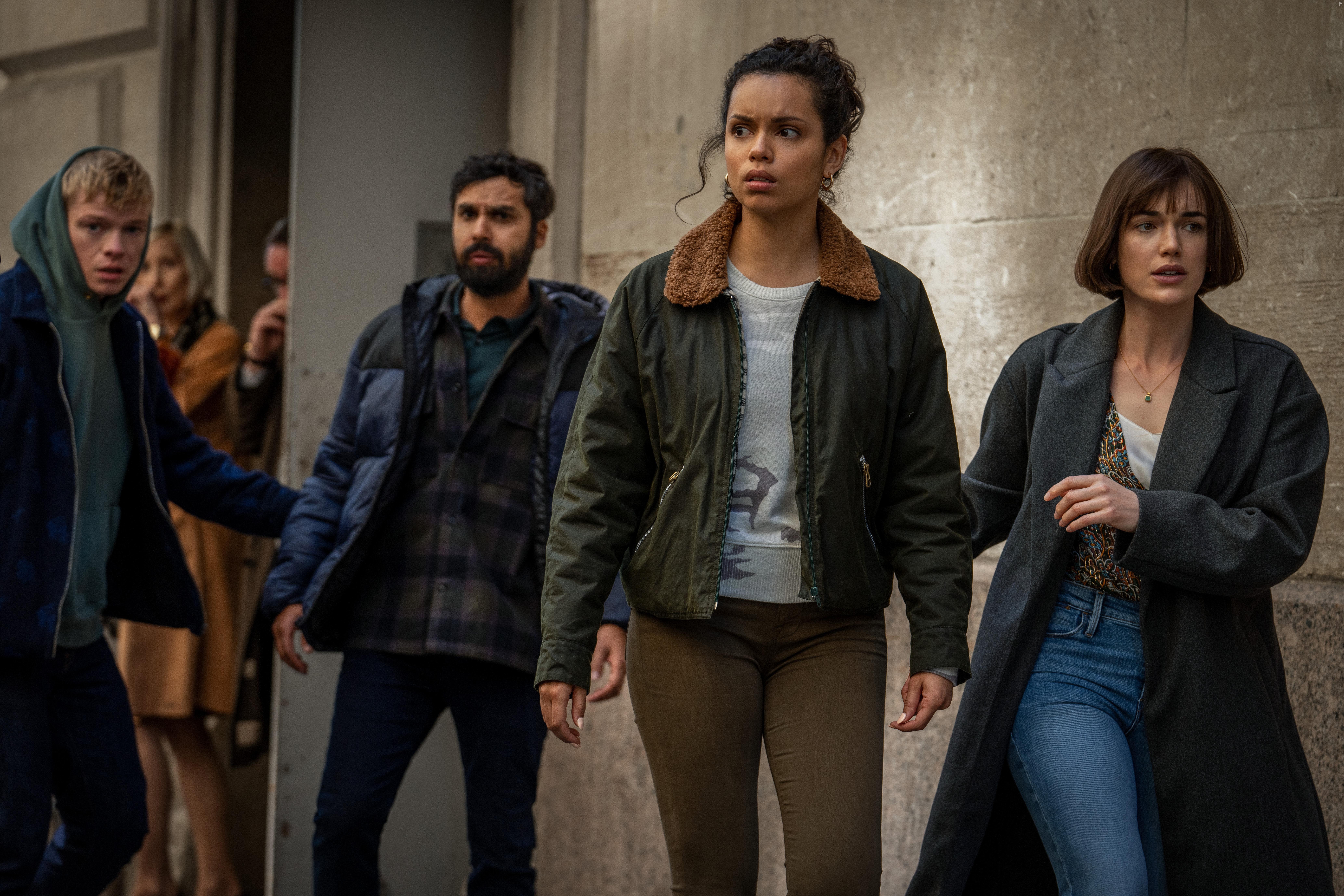 Kunal Nayyar, Georgina Campbell, Tom Rhys Harries, and Elizabeth Henstridge in Suspicion (2022)