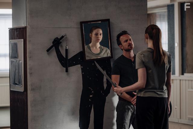 Aaron Paul and Karen Gillan in Dual (2022)