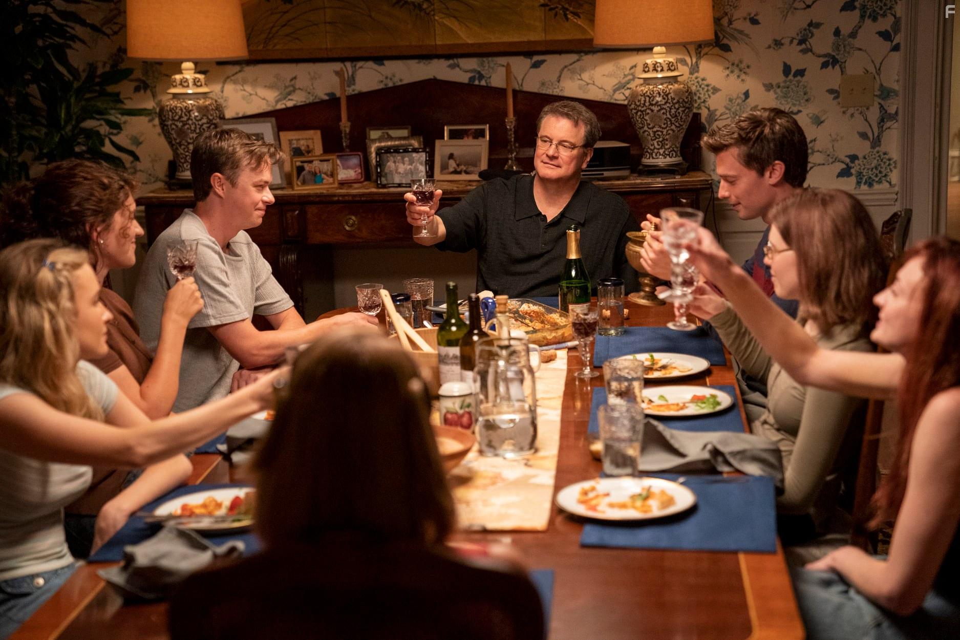 Colin Firth, Toni Collette, Patrick Schwarzenegger, Dane DeHaan, Odessa Young, Sophie Turner, Olivia DeJonge, and Hannah Pniewski in The Staircase (2022)