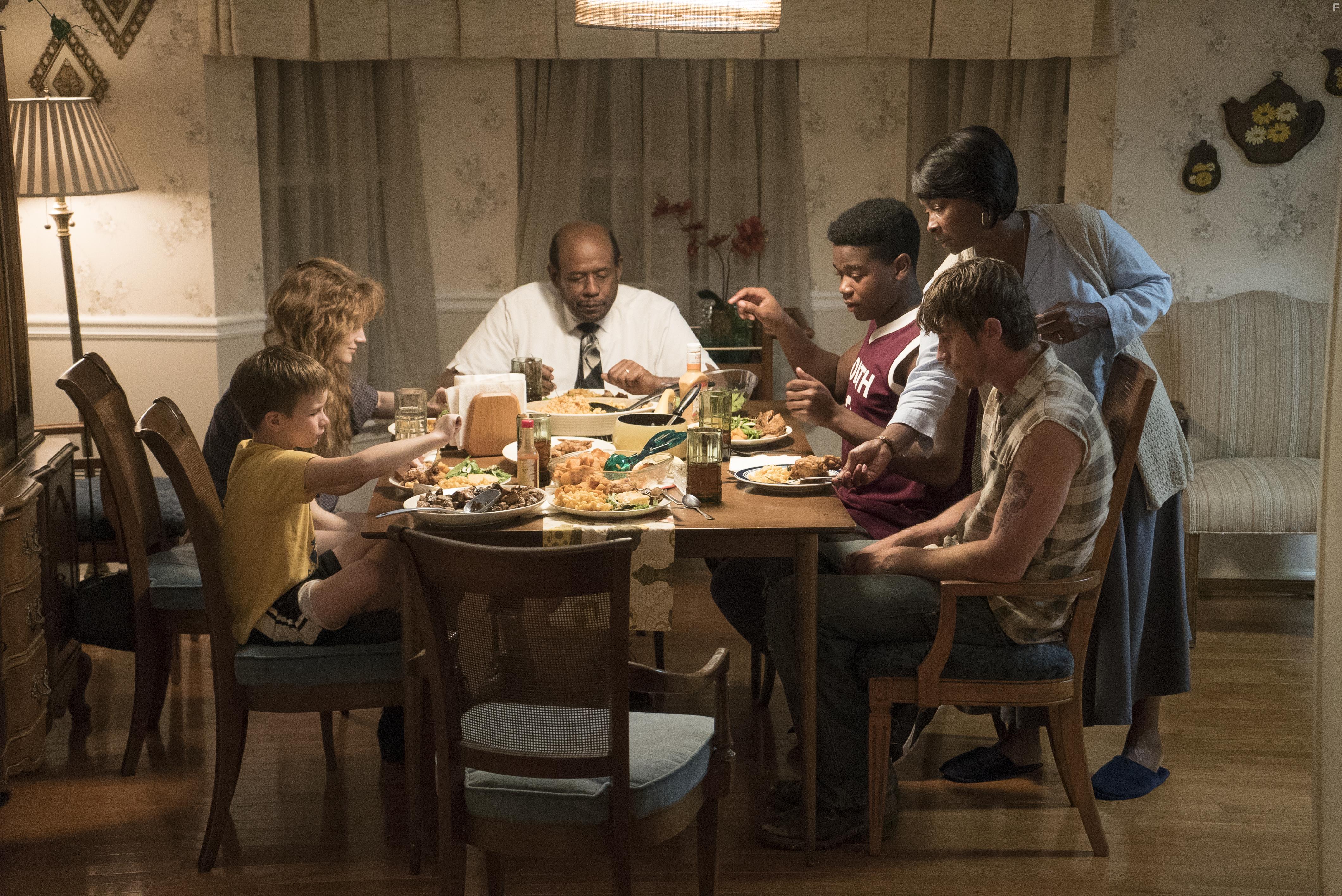 Forest Whitaker, Crystal Fox, Garrett Hedlund, Andrea Riseborough, Dexter Darden, and Taylor Gregory in Burden (2018)
