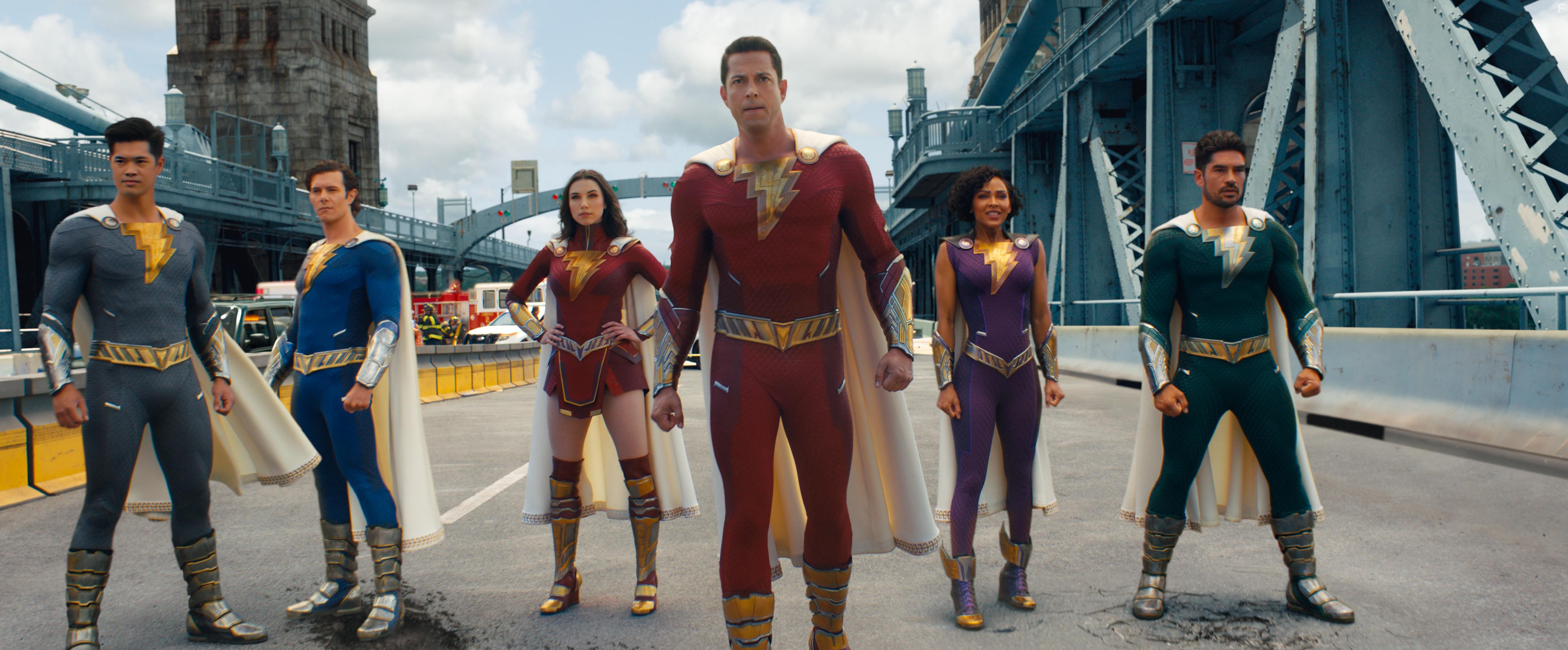 Adam Brody, Meagan Good, Zachary Levi, D.J. Cotrona, Grace Caroline Currey, and Ross Butler in Shazam! Fury of the Gods (2022)