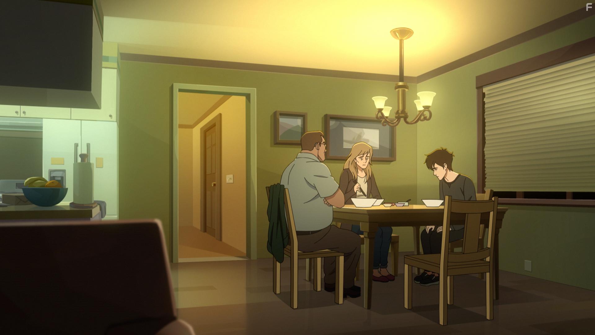 Aaron Eckhart, Paul Dano, Taylor Schilling, and Caspian in Pantheon (2022)