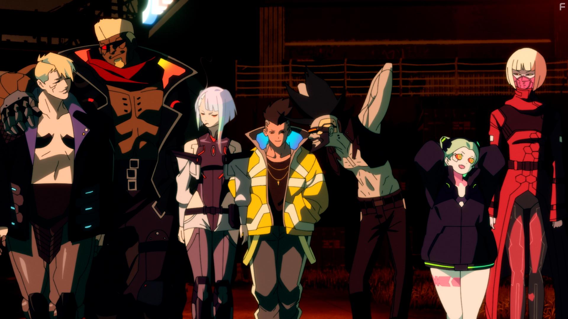 Takako Honda, Wataru Takagi, Hiroki Touchi, David Joseph Martinez, Aoi Yki, Tomoyo Kurosawa, and Michiko Kaiden in Cyberpunk: Edgerunners (2022)