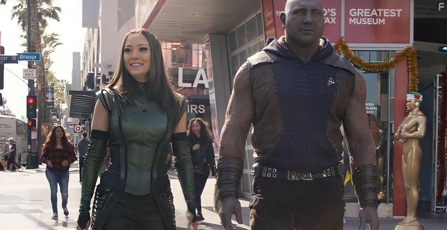 Dave Bautista and Pom Klementieff in The Guardians of the Galaxy Holiday Special (2022)