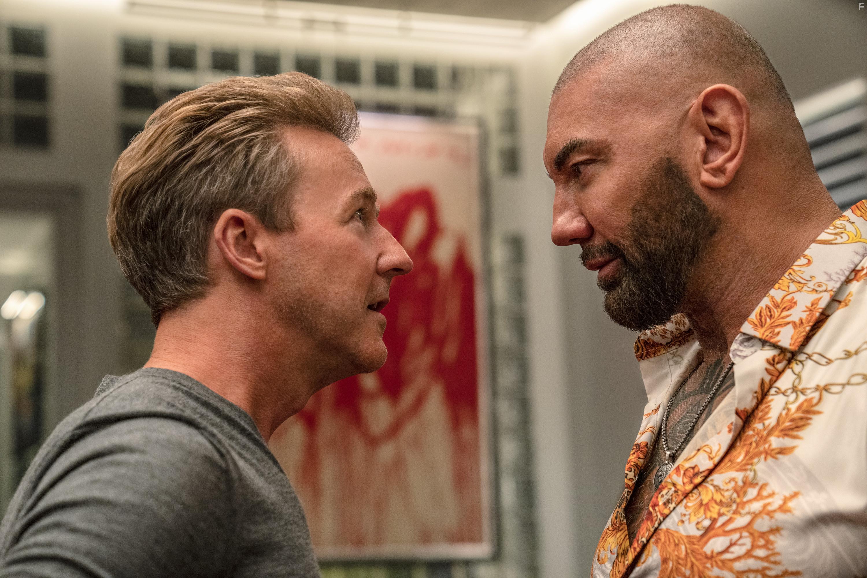 Edward Norton and Dave Bautista in Glass Onion: A Knives Out Mystery (2022)