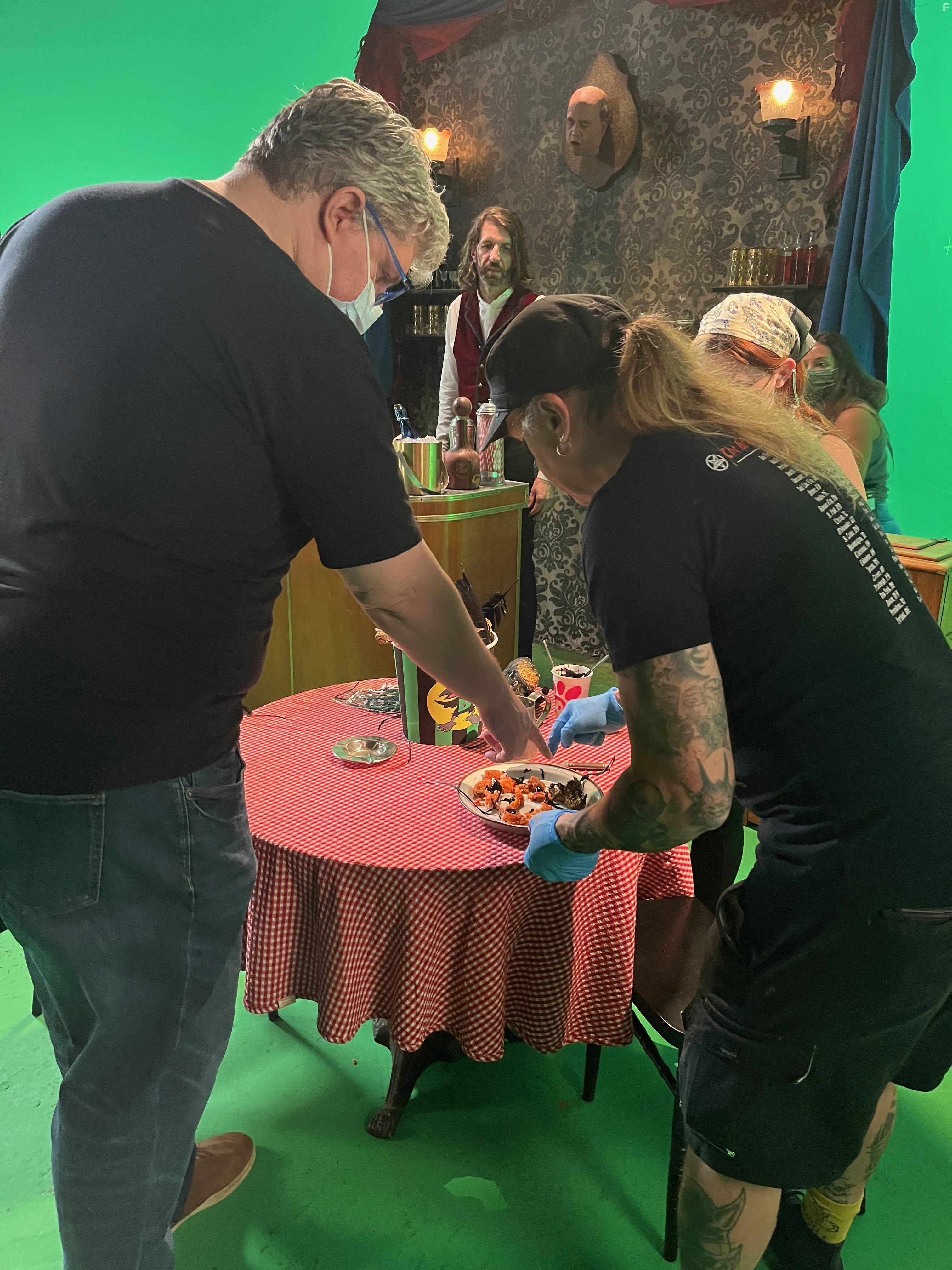 Casper Kelly and Silver Scream FX Lab’s Shane Morton look over a very “interesting” meal