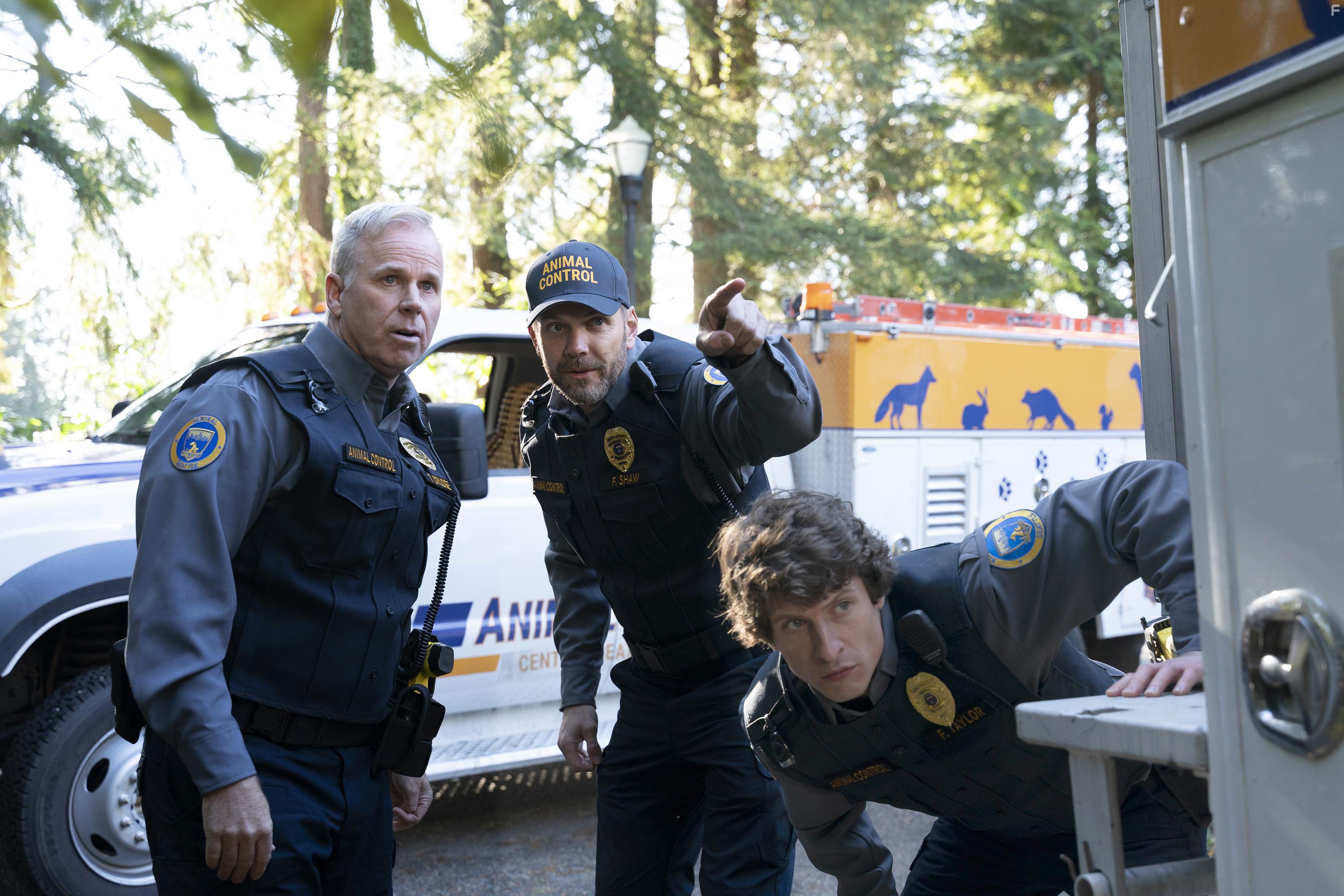 Joel McHale, Gerry Dee, and Michael Rowland in Animal Control (2023)