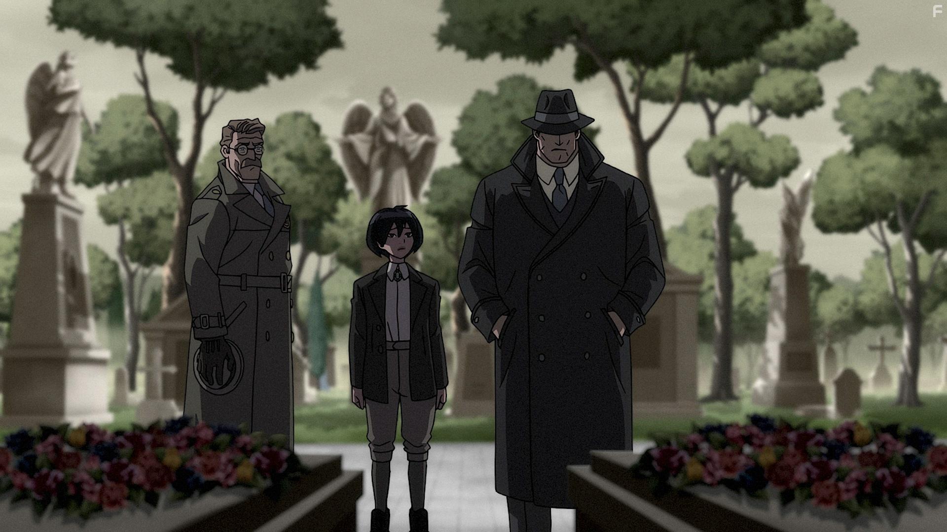Bruce Wayne, Kai Li Cain and James Gordon stand graveside pondering their next move during one of the more somber moments of Batman: The Doom That Came To Gotham. David Giuntoli (Grimm, A Million Little Things) reprises his Batman: Soul of the Dragon role as the voice of Bruce Wayne & the Dark Knight, while Tati Gabrielle (Kaleidoscope, Chilling Adventures of Sabrina, Uncharted) voices Kai Li Cain – an Elseworlds interpretation of Cassandra Cain – and longtime DC Animated Movies veteran John DiMaggio (Futurama, Anne Rice’s Interview with the Vampire) plays James Gordon.