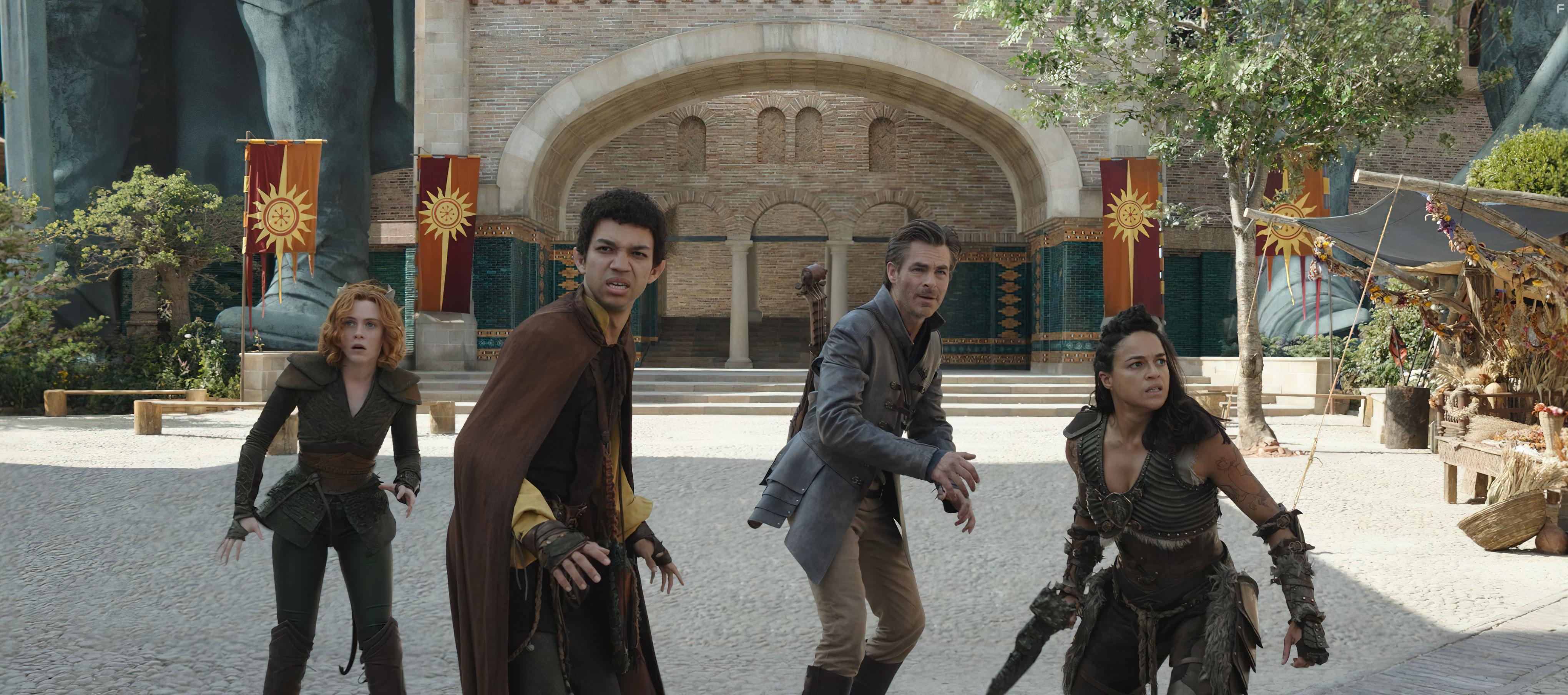Michelle Rodriguez, Chris Pine, Sophia Lillis, and Justice Smith in Dungeons & Dragons: Honor Among Thieves (2023)