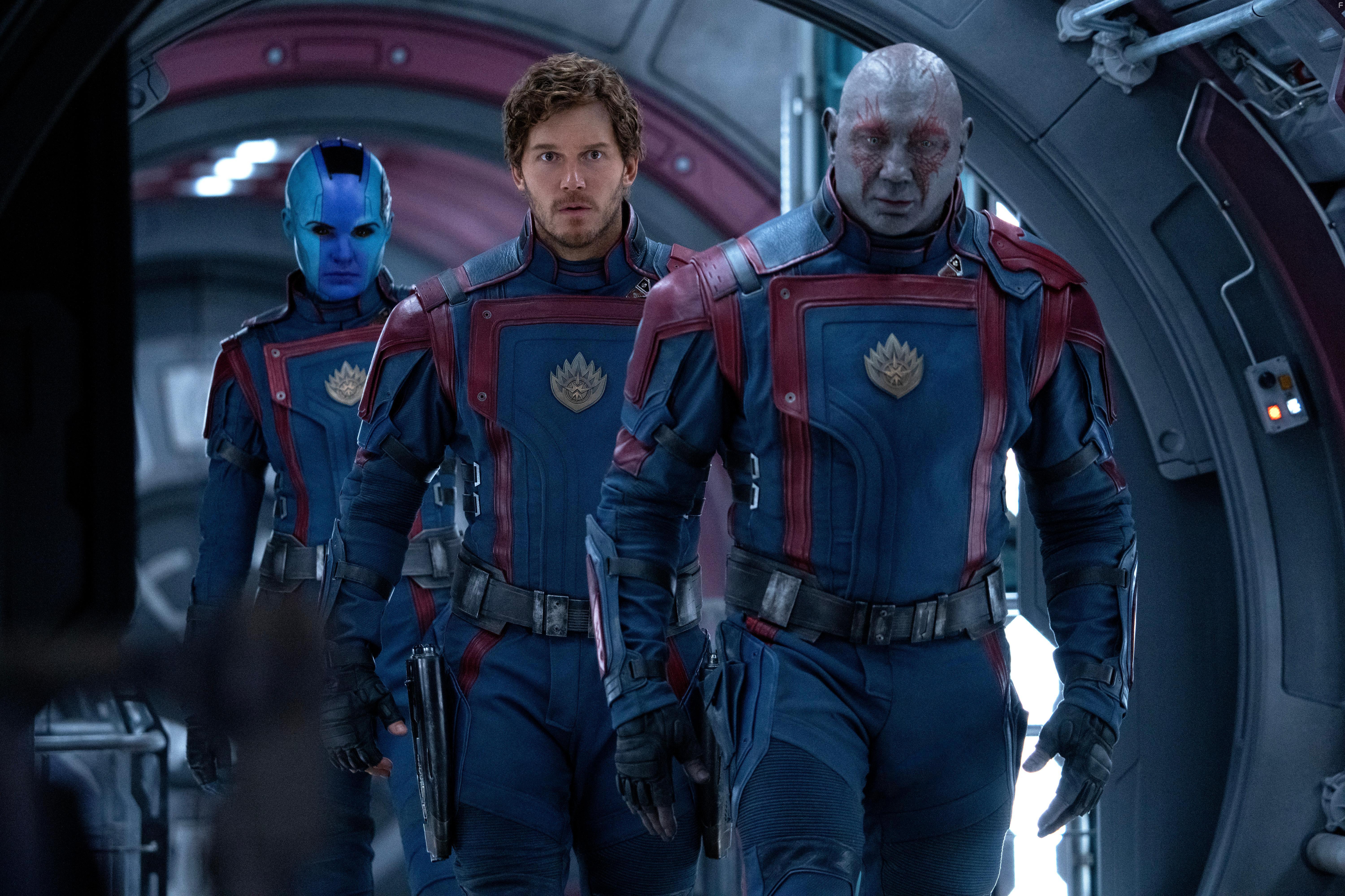 Chris Pratt, Dave Bautista, and Karen Gillan in Guardians of the Galaxy Volume 3 (2023)