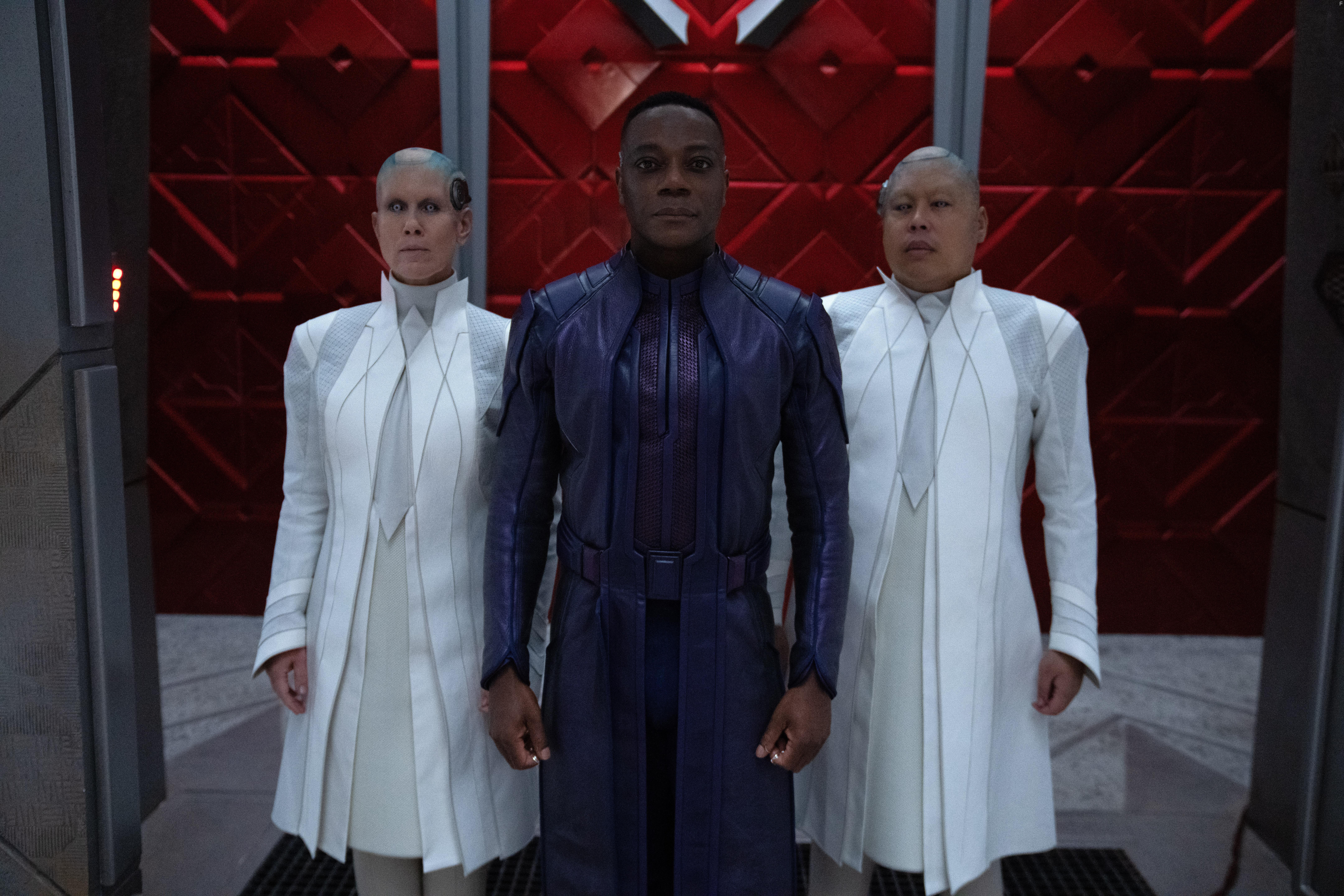 Miriam Shor, Chukwudi Iwuji, and Nico Santos in Guardians of the Galaxy Volume 3 (2023)