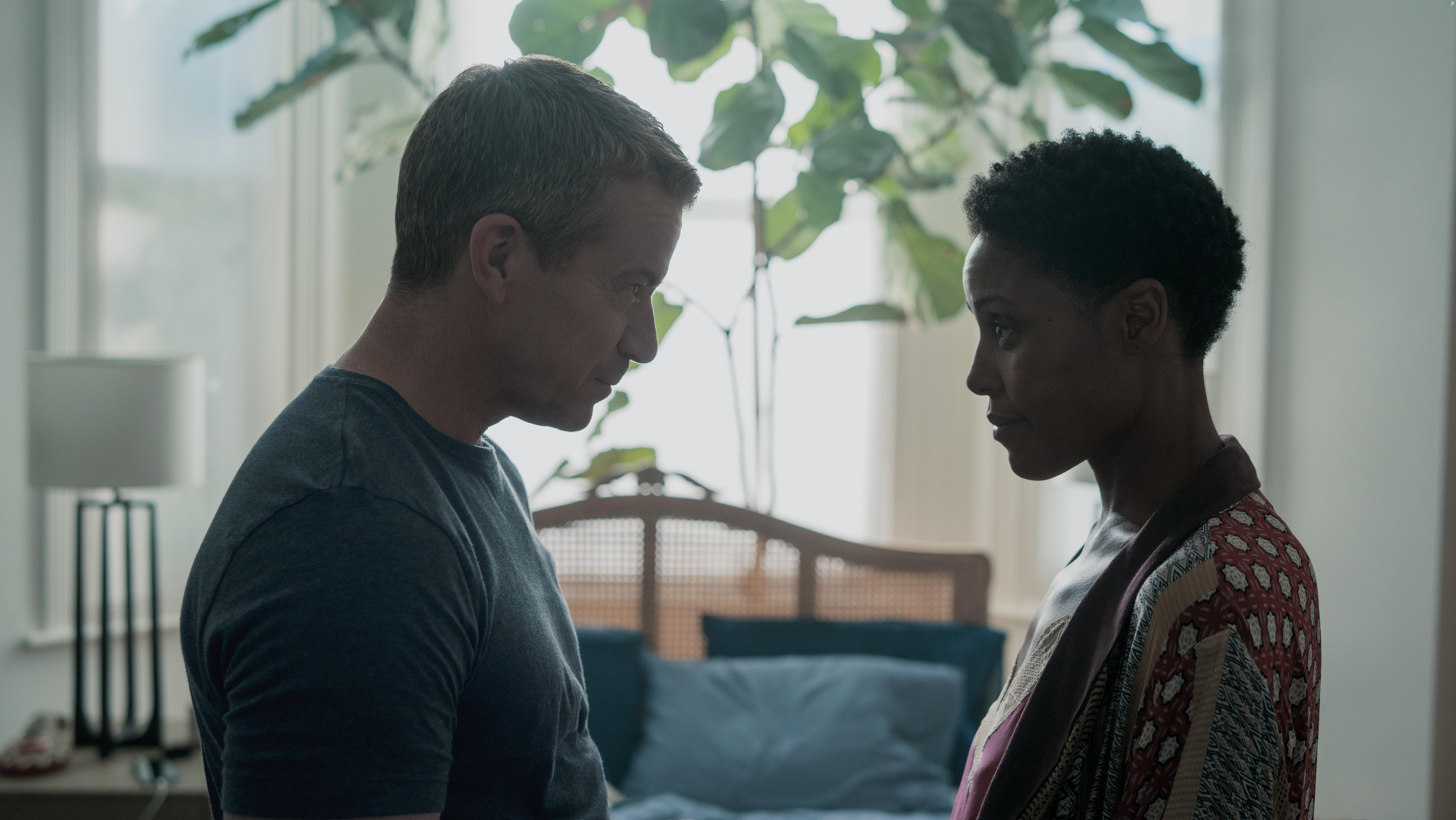 Christine Adams and Max Beesley in Hijack (2023)