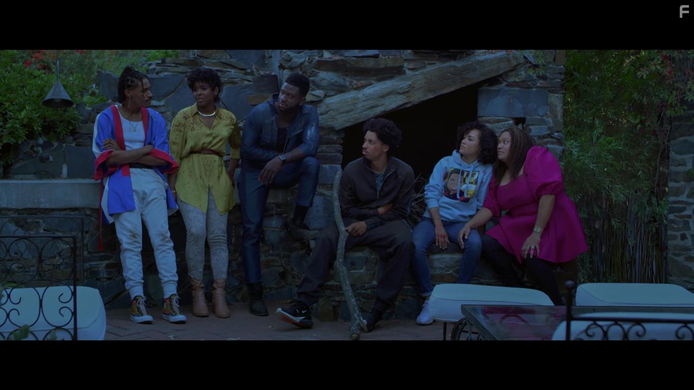 Sinqua Walls, Antoinette Robertson, Dewayne Perkins, Melvin Gregg, X Mayo, and Grace Byers in The Blackening (2022)