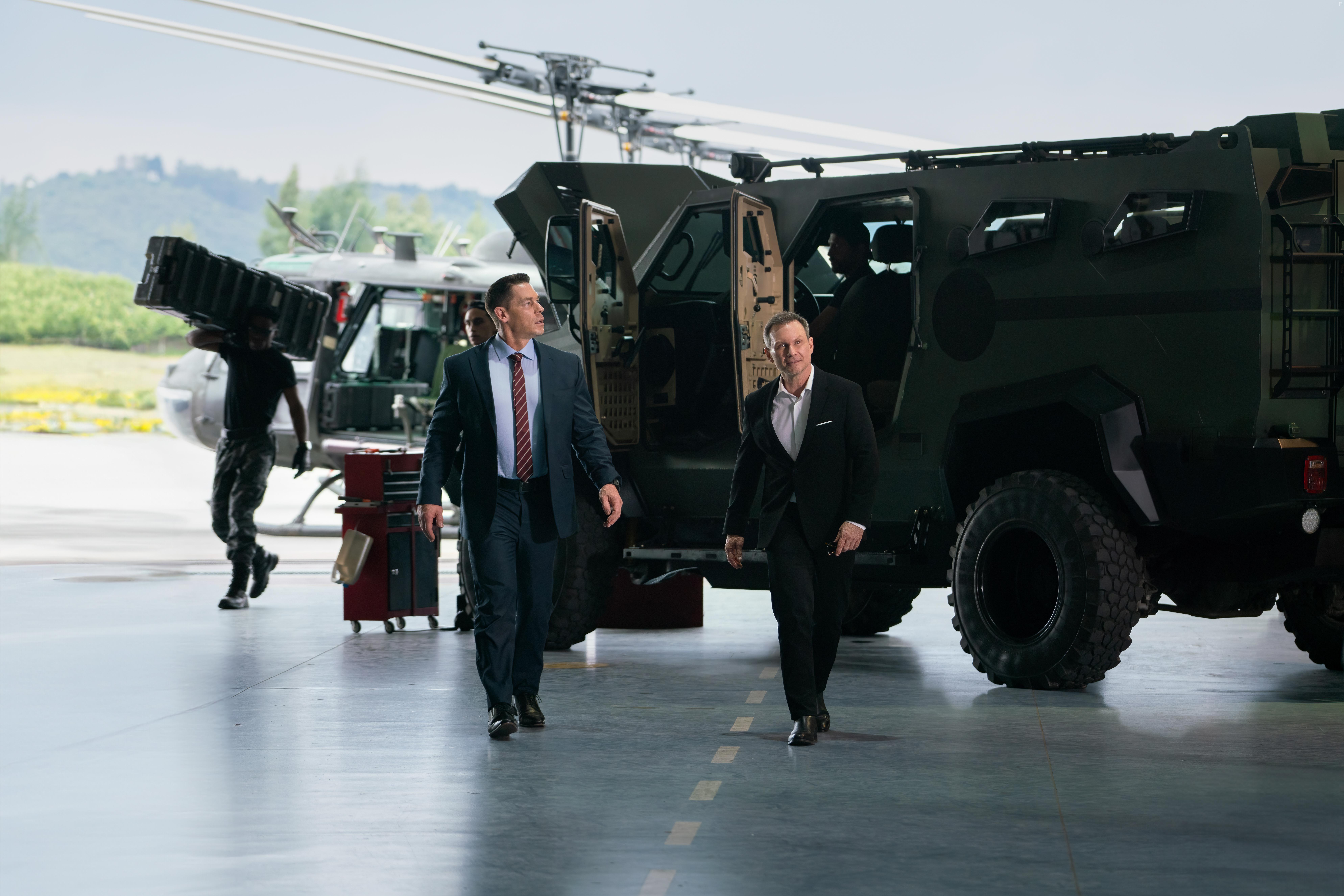 Christian Slater and John Cena in Freelance (2023)