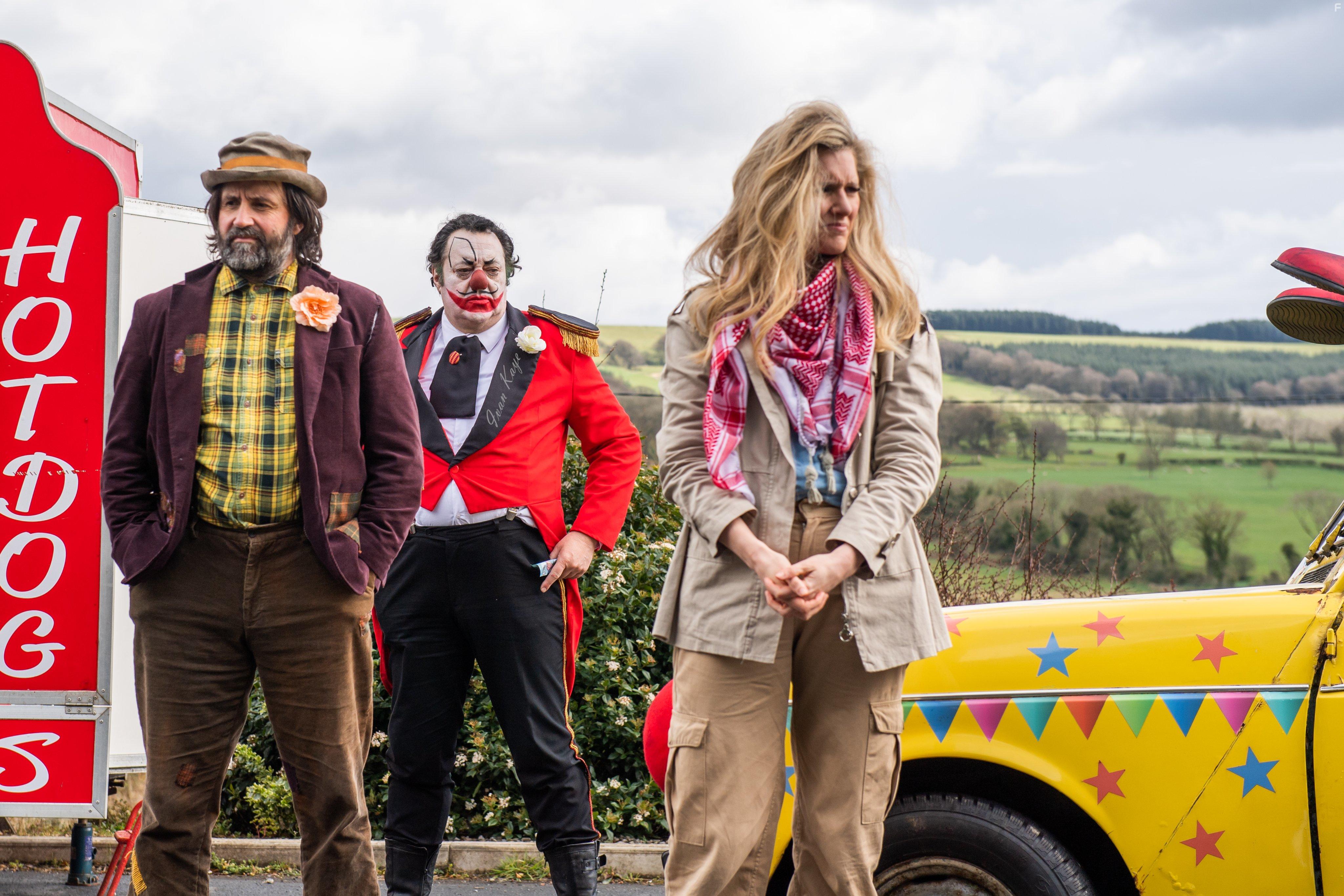 Ivan Kaye, Amy De Bhrn, and David Earl in Apocalypse Clown (2023)