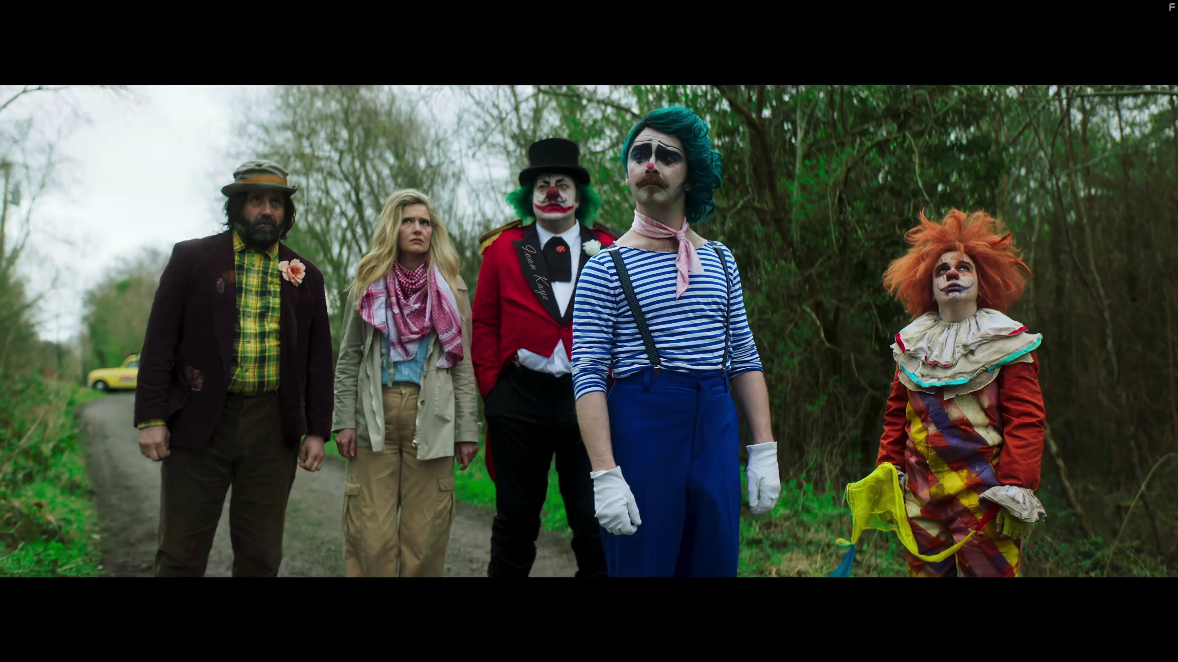 Ivan Kaye, Amy De Bhrn, David Earl, Natalie Palamides, and Fionn Foley in Apocalypse Clown (2023)
