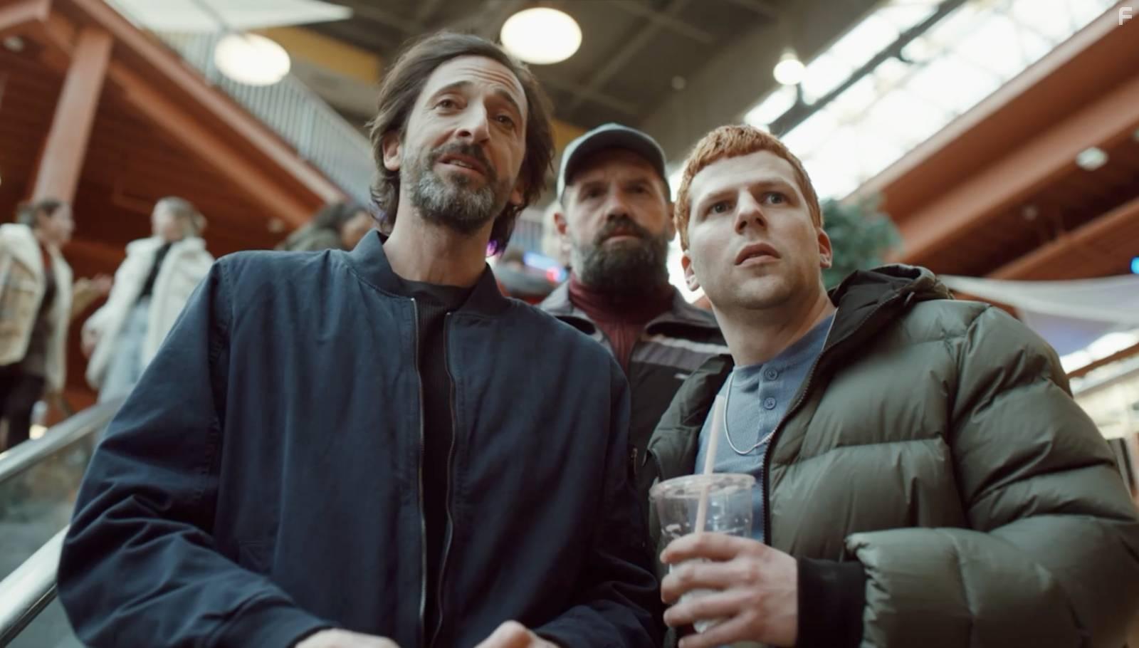 Adrien Brody, Jesse Eisenberg, and Ethan Suplee in Manodrome (2023)