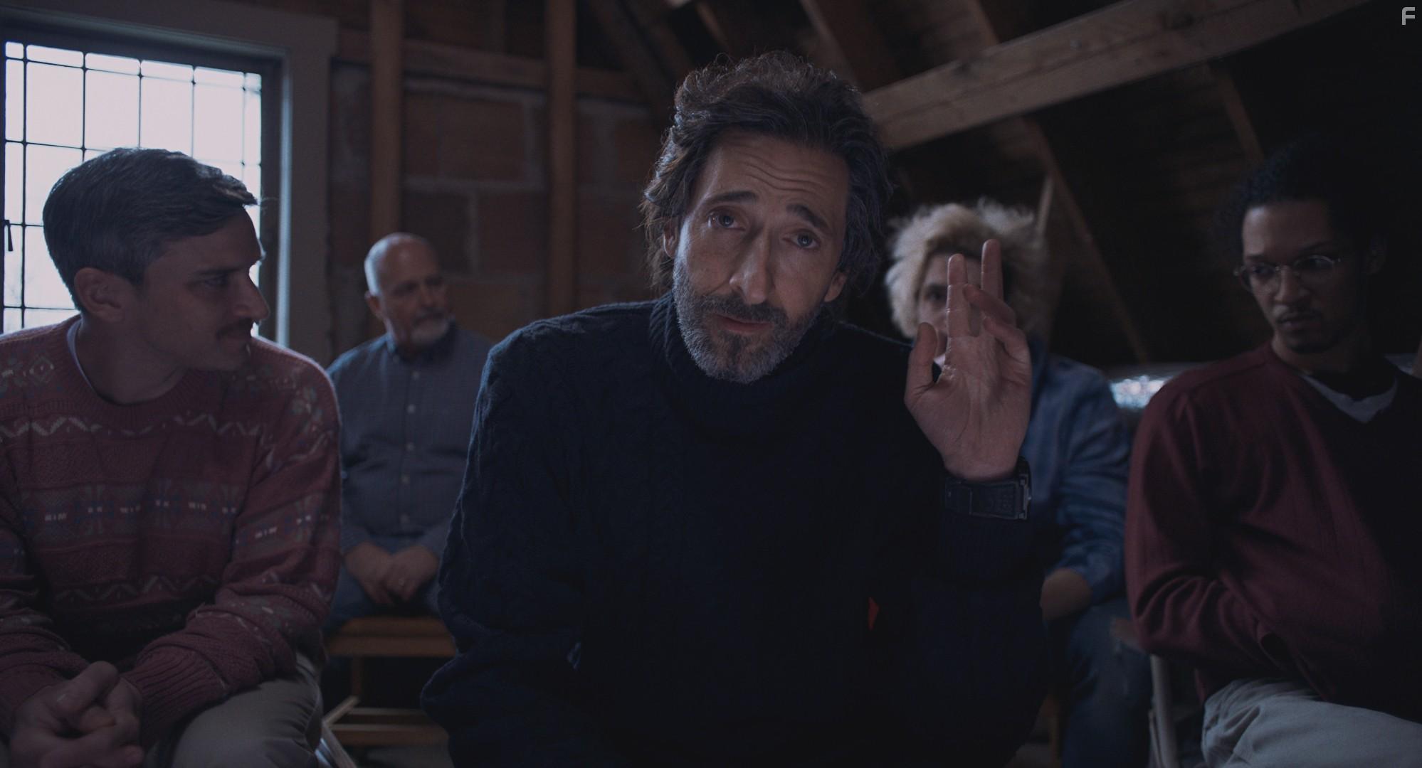 Adrien Brody, Evan Jonigkeit, Philip Ettinger, and Caleb Eberhardt in Manodrome (2023)