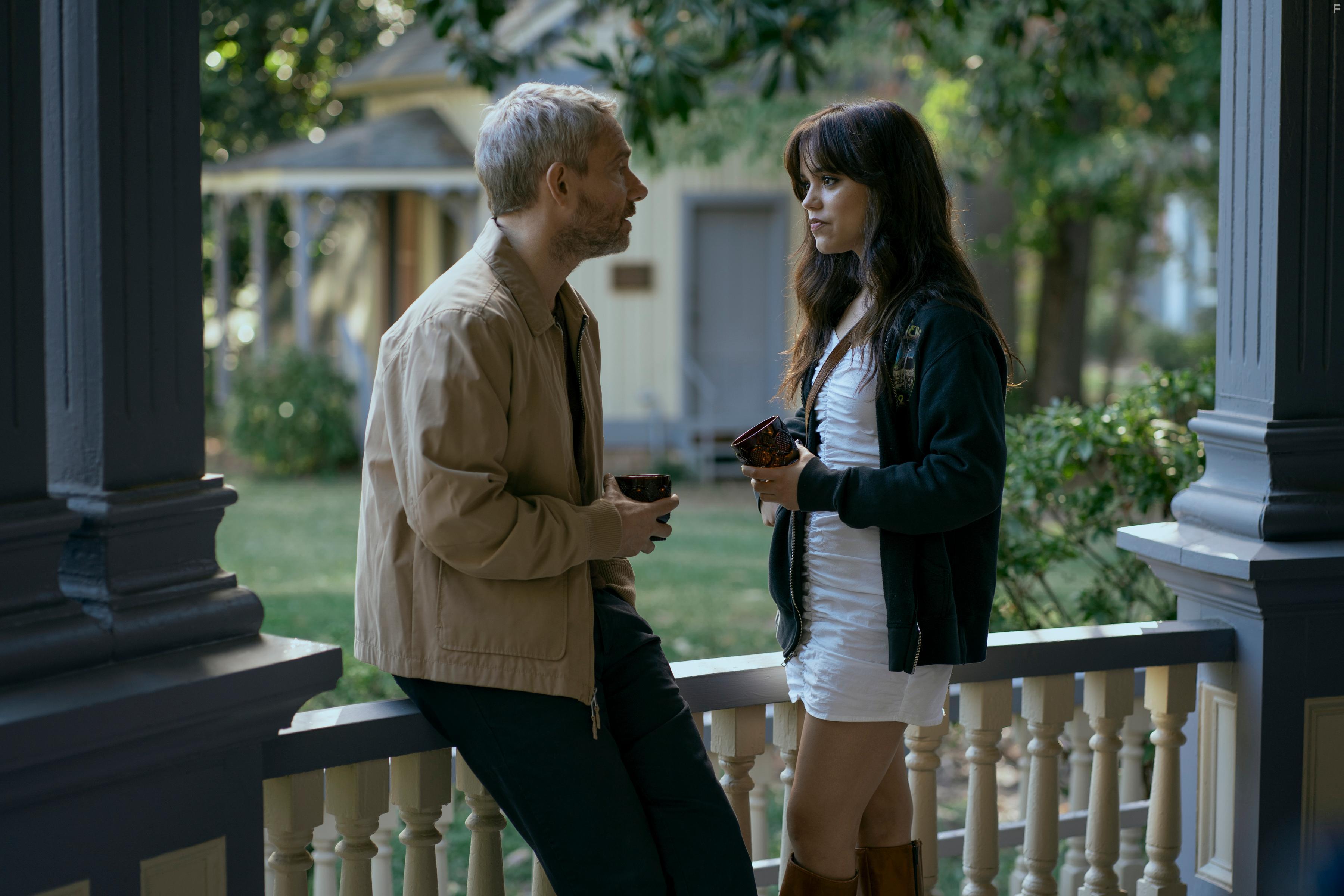 Martin Freeman and Jenna Ortega in Miller's Girl (2024)