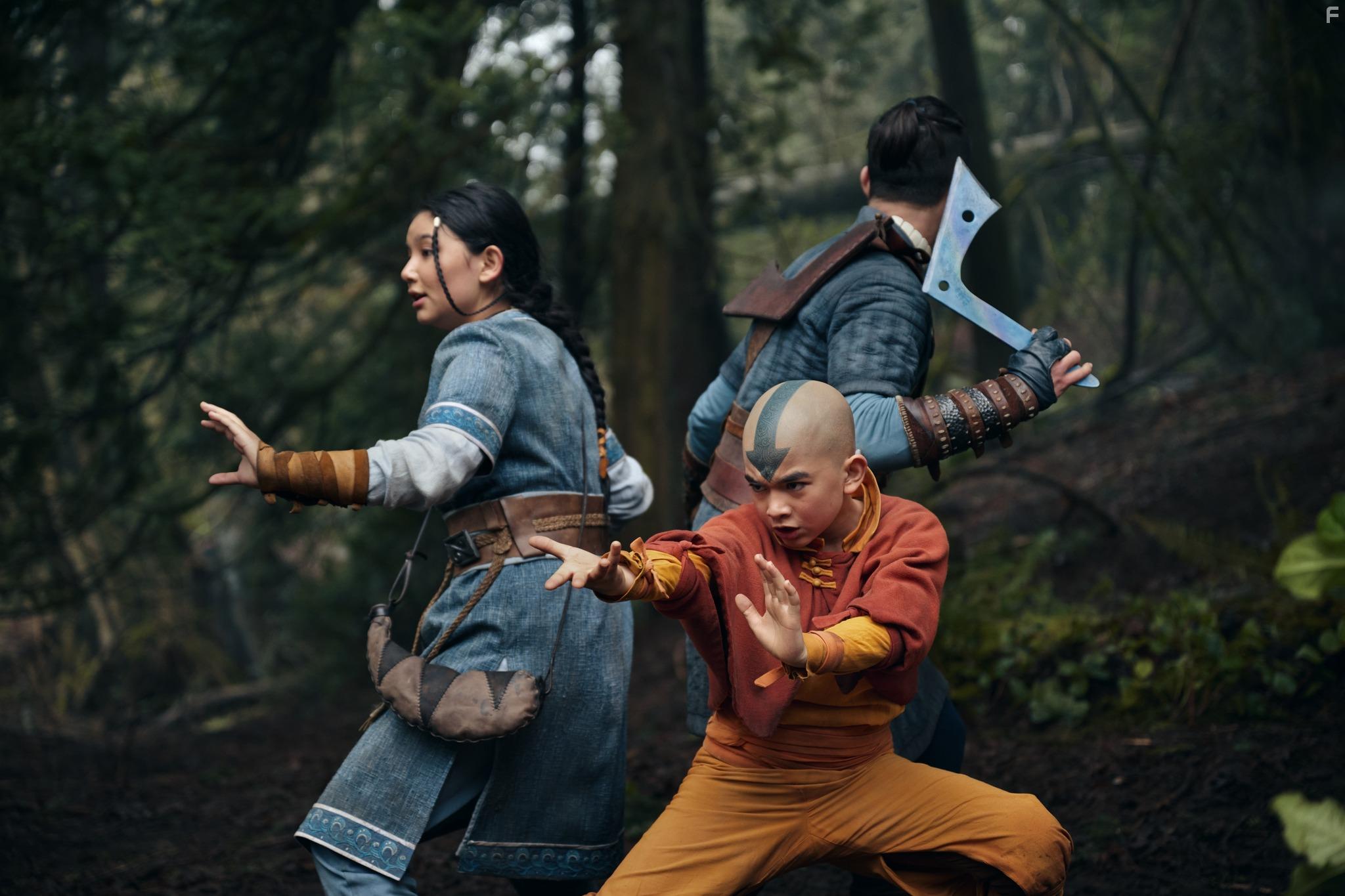 Kiawentiio, Gordon Cormier, and Ian Ousley in Avatar: The Last Airbender (2024)