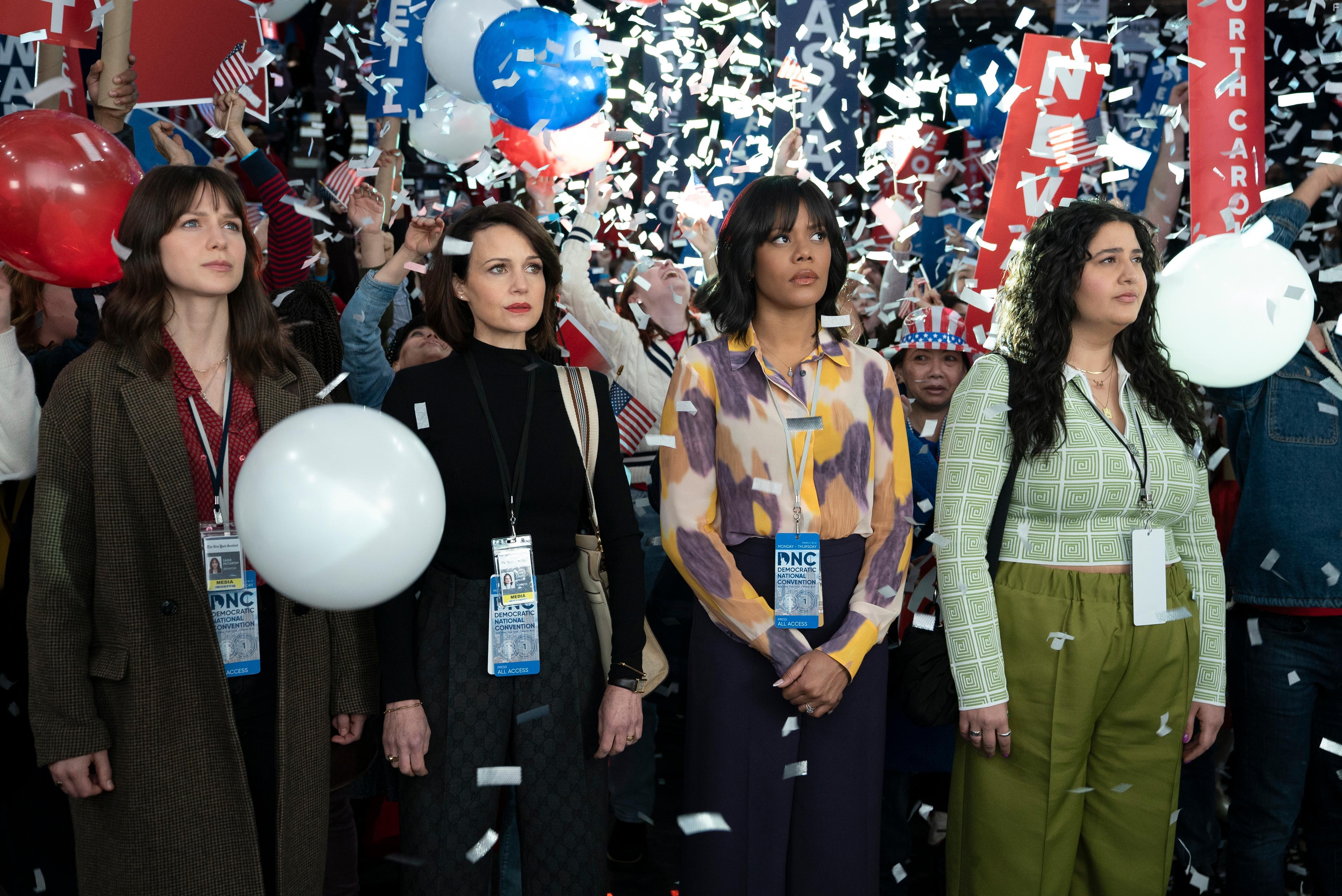 Carla Gugino, Melissa Benoist, Natasha Behnam, and Christina Elmore in The Girls on the Bus (2024)