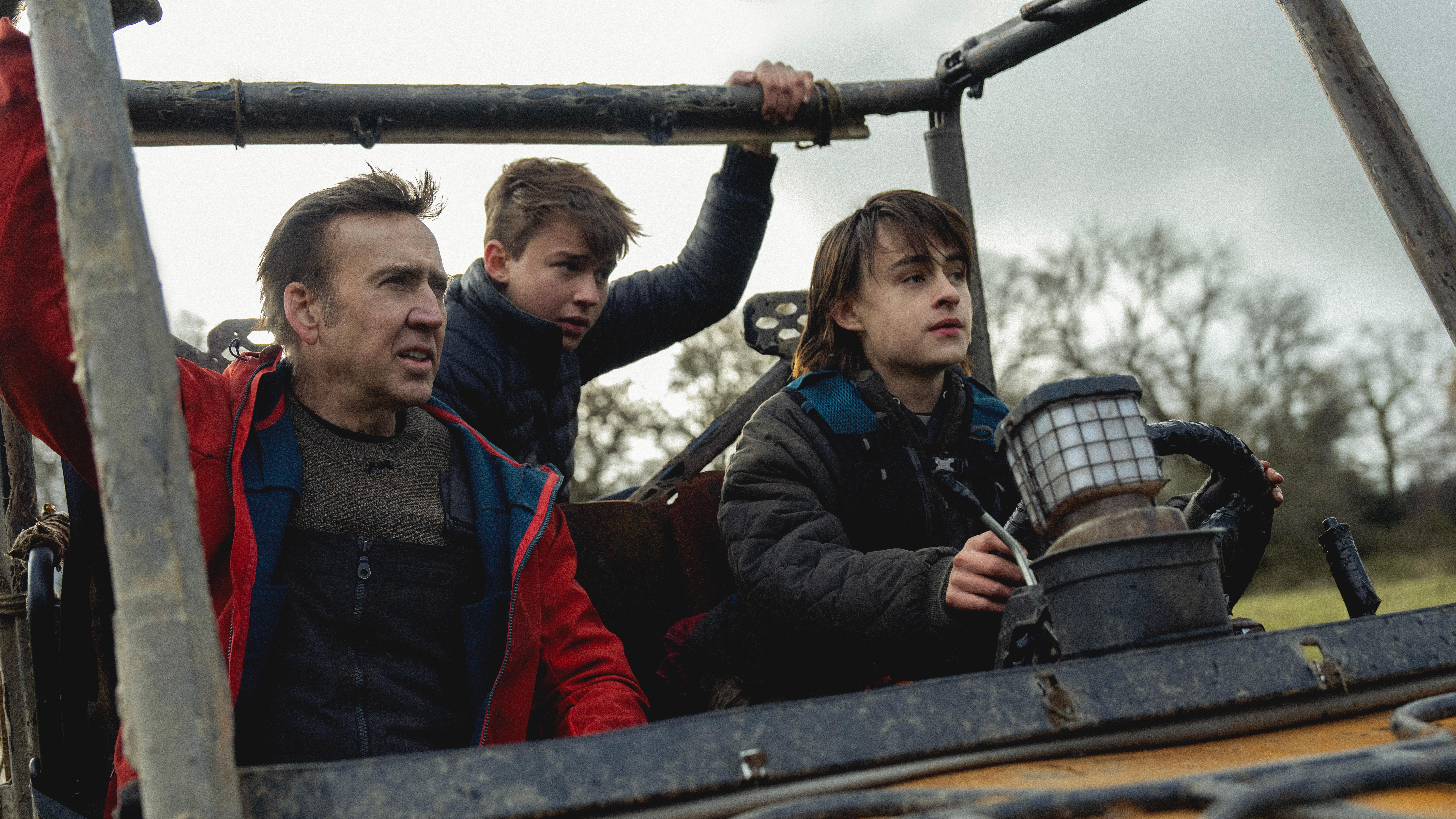 Nicolas Cage, Maxwell Jenkins, and Jaeden Martell in Arcadian (2024)