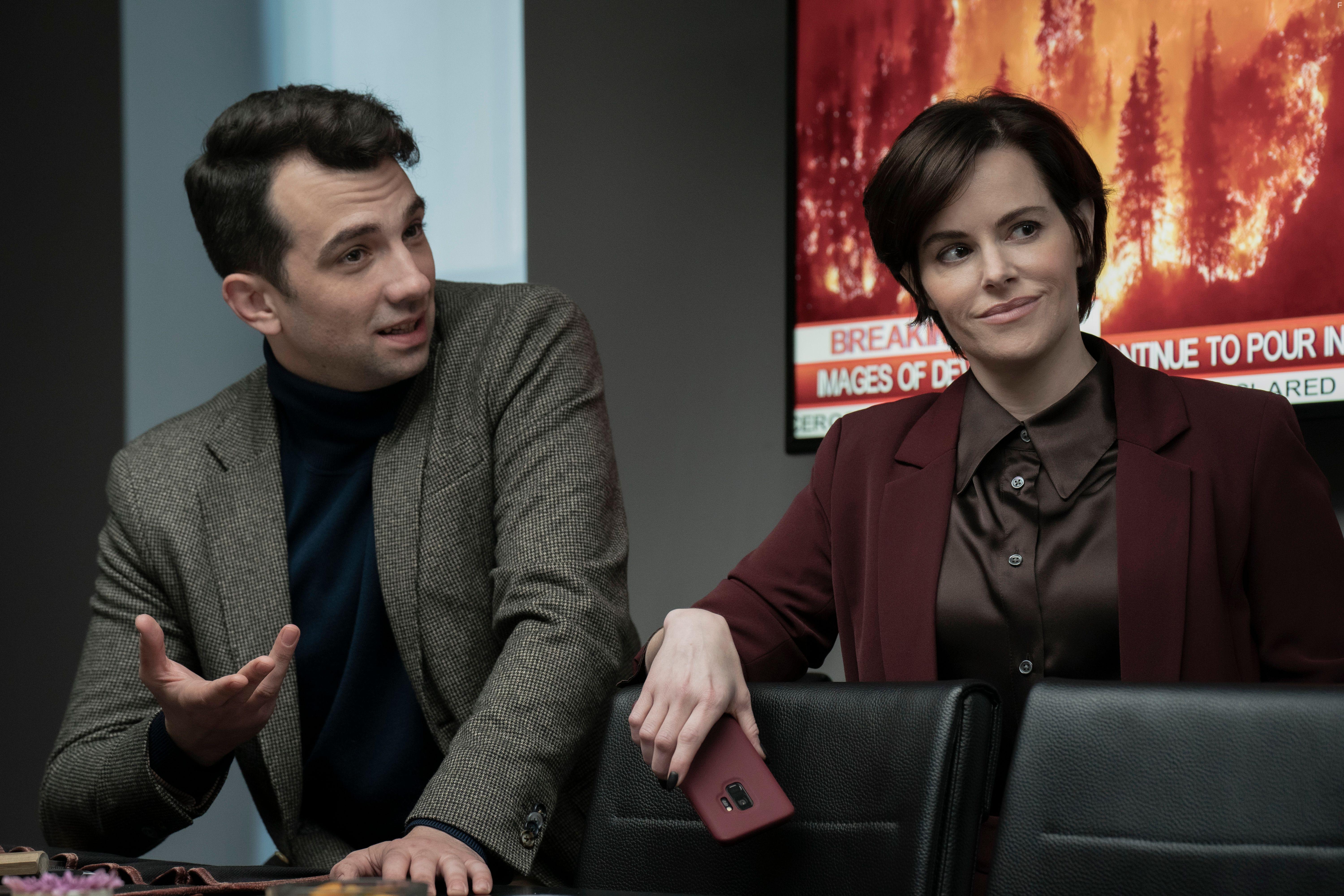 Jay Baruchel and Emily Hampshire in Humane (2024)