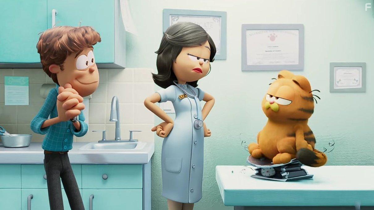 Nicholas Hoult, Chris Pratt, and Cecily Strong in The Garfield Movie (2024)
